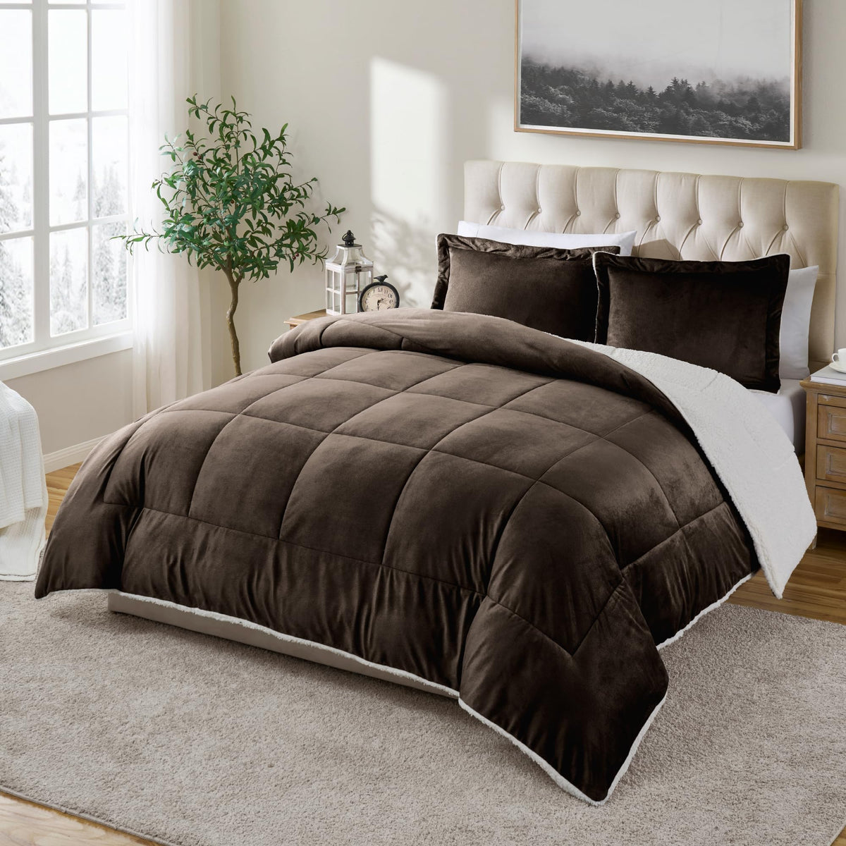 Cathay Home King Comforter Set: Ultra Soft And Plush Reversible Micromink And Sherpa 3-Piece Bedding Set, Chocolate, King (102'