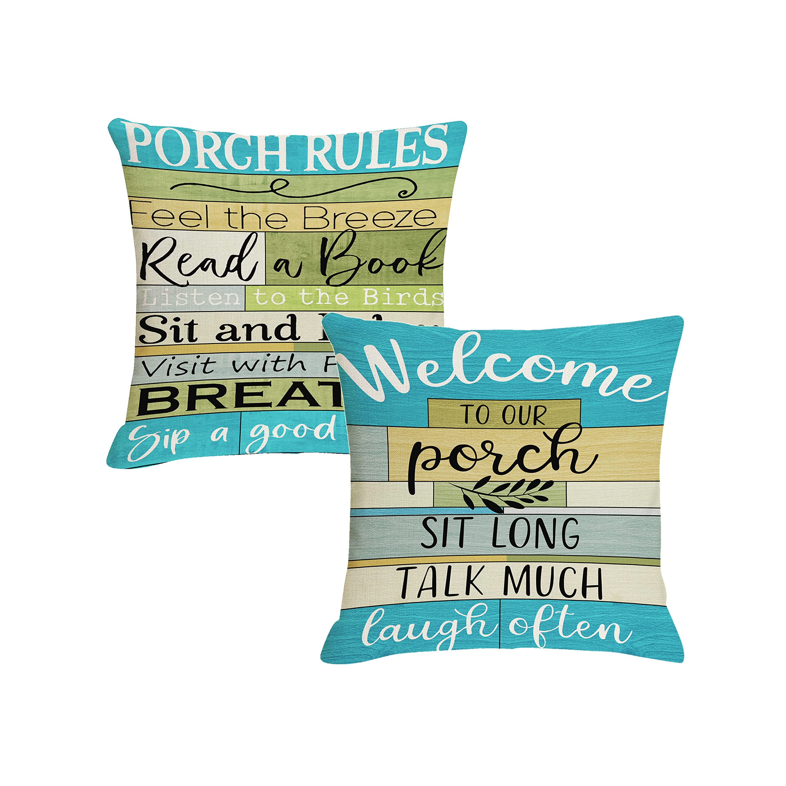 Jartinle Turquoise Striped Outdoor Pillows Covers 18X18 For Patio Furniture Waterproof, Welcome To Our Porch Throw Pillow Covers Square Linen For Couch Outside Bench Set Of 2