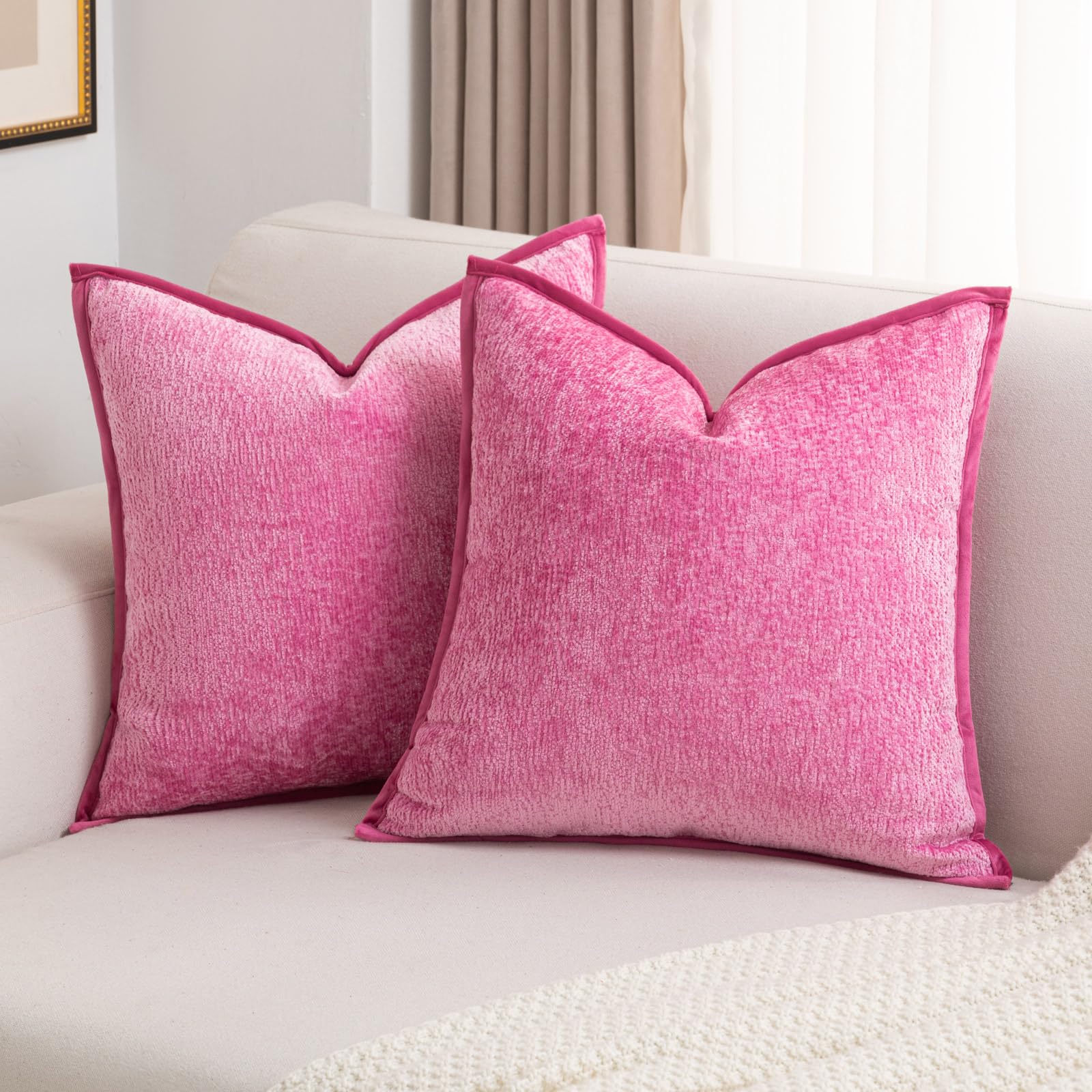 Futei Hot Pink Chenille Throw Pillow Covers 26X26 Inch Set Of 2,Soft Velvet Euro Pillow Shams,Home Decor For Couch Bed Living Ro