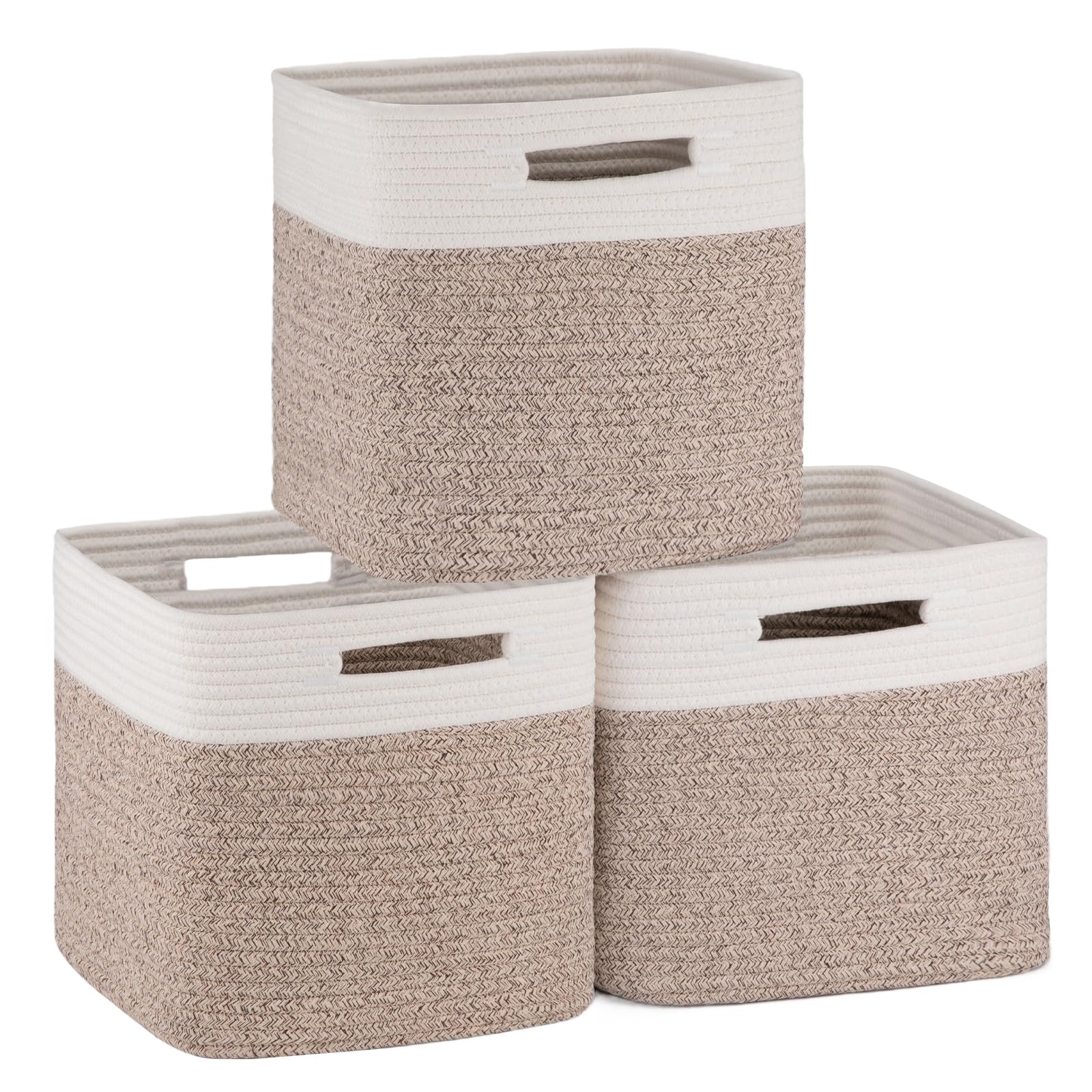 OIAHOMY Cube Storage Basket, 3-Pack Woven Cotton Rope Baskets, 11-Inch Cube Basket with Handles, Great for Shelves, Closets, Chi