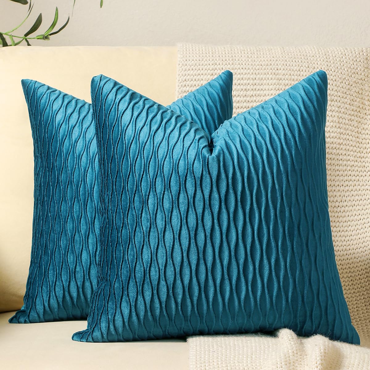 Dezene Turquoise Throw Pillow Cases 16X16: 2 Pack Inch Original Striped Velvet Square Decorative Pillow Covers For Farmhouse Cou