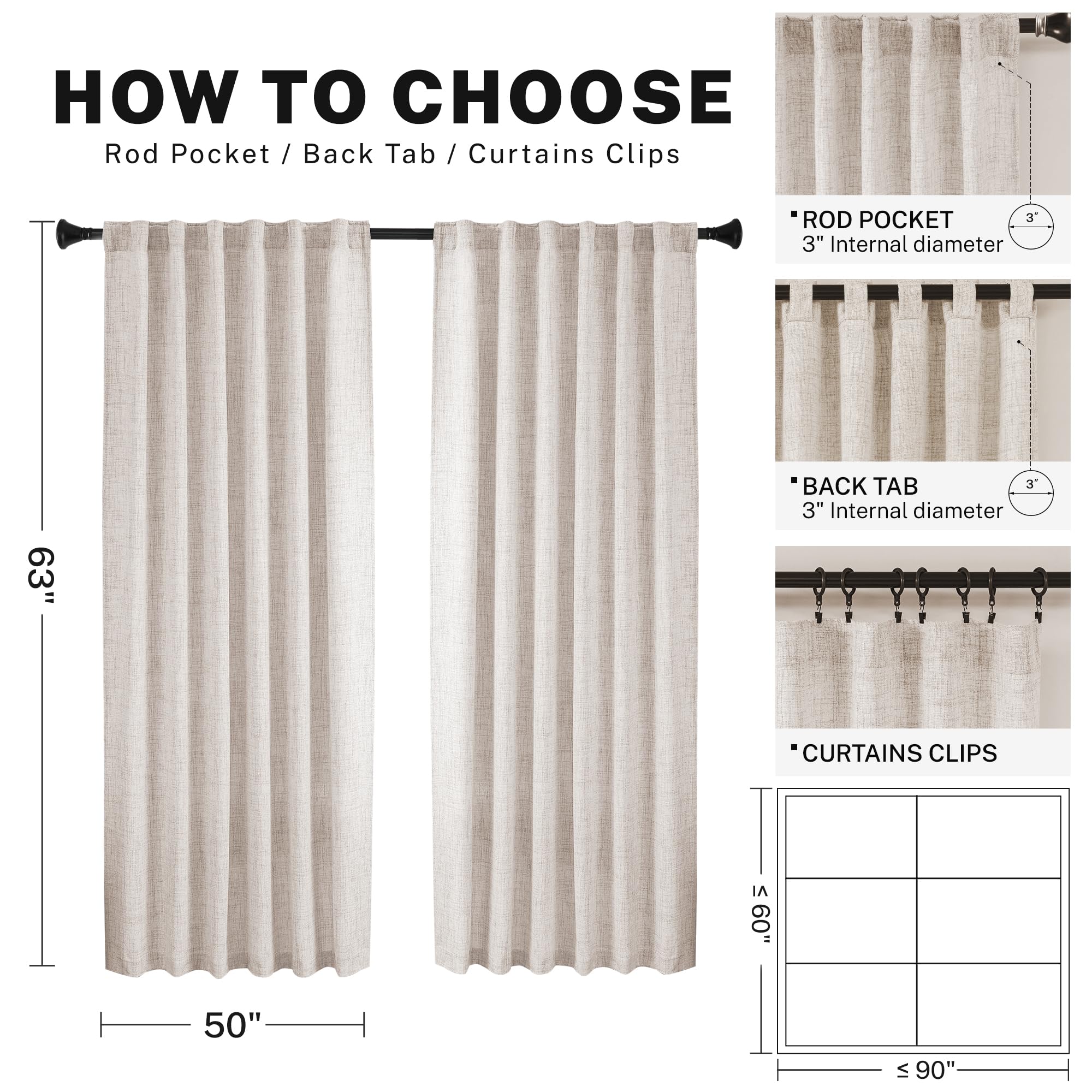 Meetbily 63 Inch Length Linen Back Tab Curtains For Living Room 2 Panels Natural Light Filtering Semi Sheer Boho Curtain Drapes