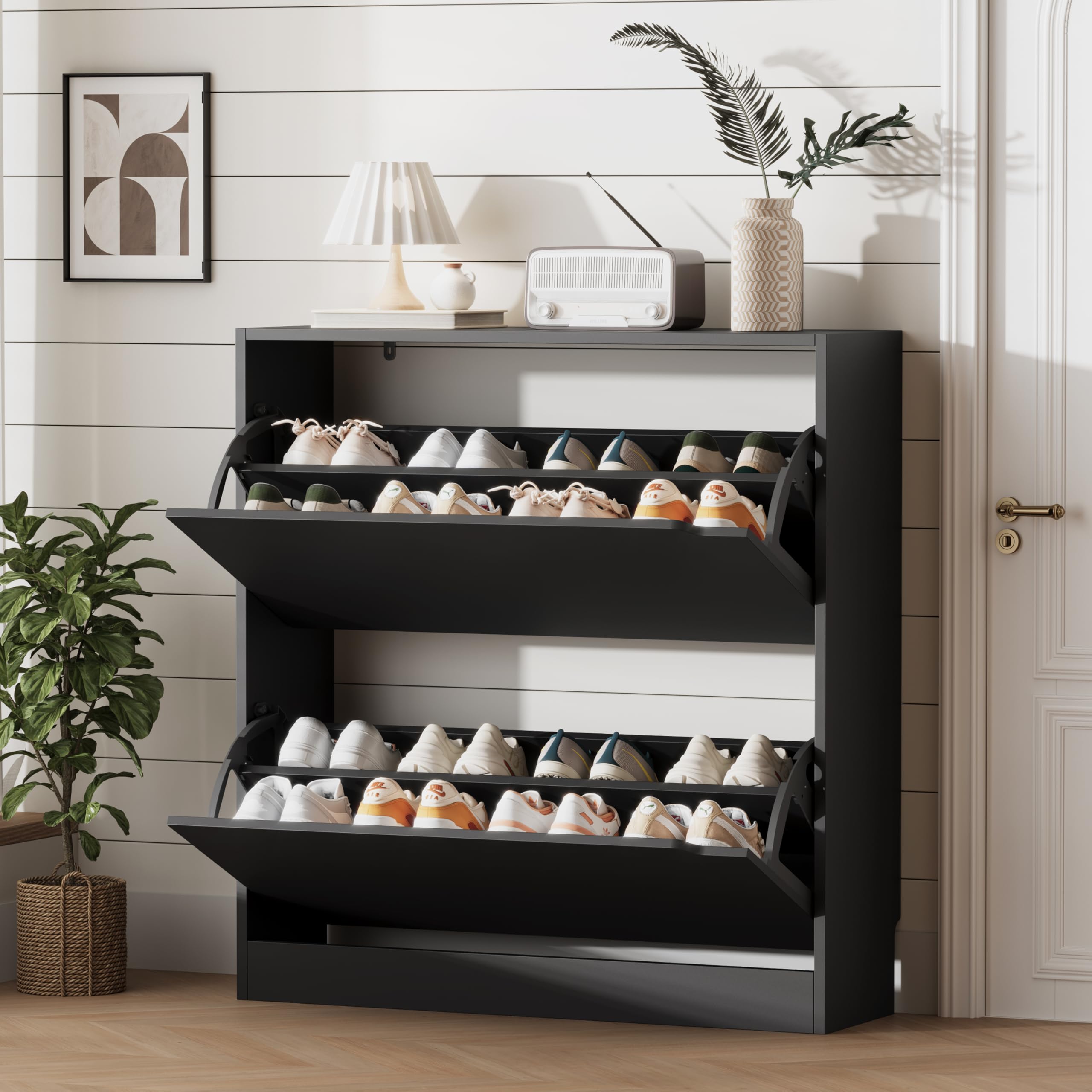 Xixini Shoe Storage Cabinet for Entryway with 2 Flip Drawers, Wood Freestanding Hidden Shoe Storage, Sturdy Narrow Slim Shoe Org
