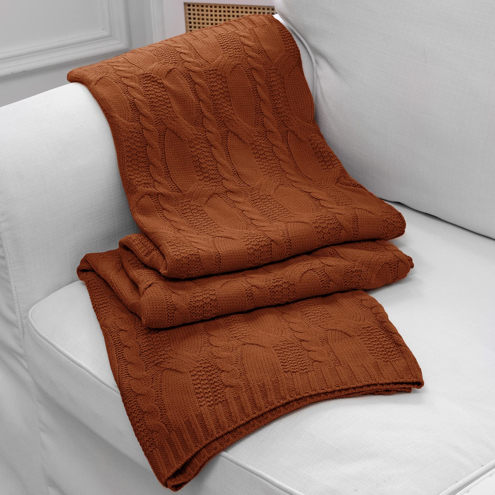 Aormenzy Dark Terracotta Knit Throw Blankets Oversized Cable Knit Decorative Throw Blanket Rust Soft Cozy Knitted Blanket For So