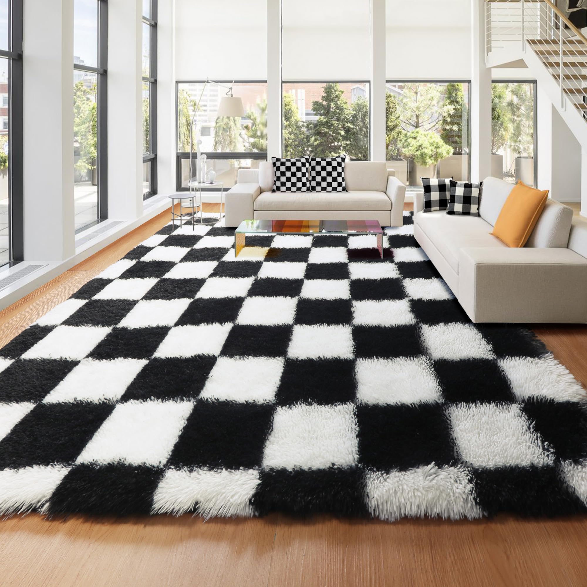 KICMOR 8x10 Area Rugs for Living Room, Large Fluffy Rug for Bedroom, Soft Plush Black and White Checkered Rug Big Fuzzy Shag Sha