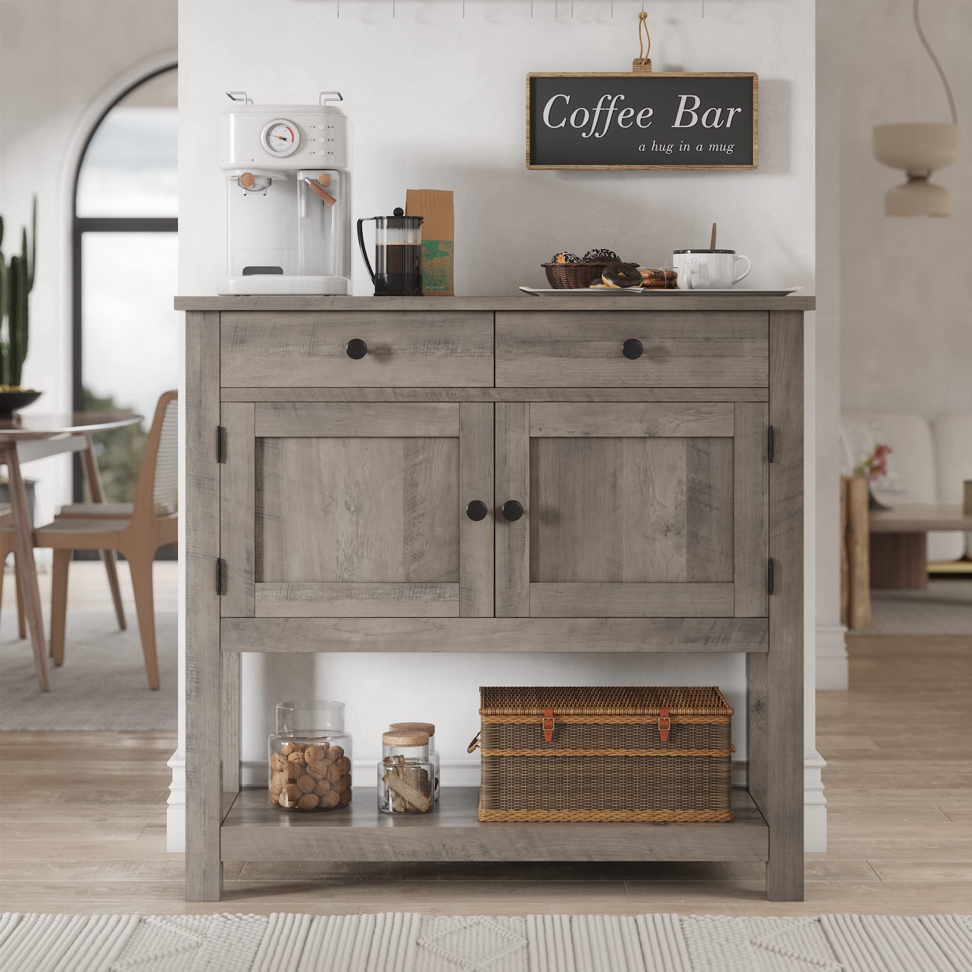 Hostack Farmhouse Console Table With 2-Door Cabinet & 2 Drawers, Coffee Bar, Entryway Table With Storage Shelf, Sofa Tables Buffet Sideboard For Kitchen, Hallway, Dining, Living Room, Ash Gray