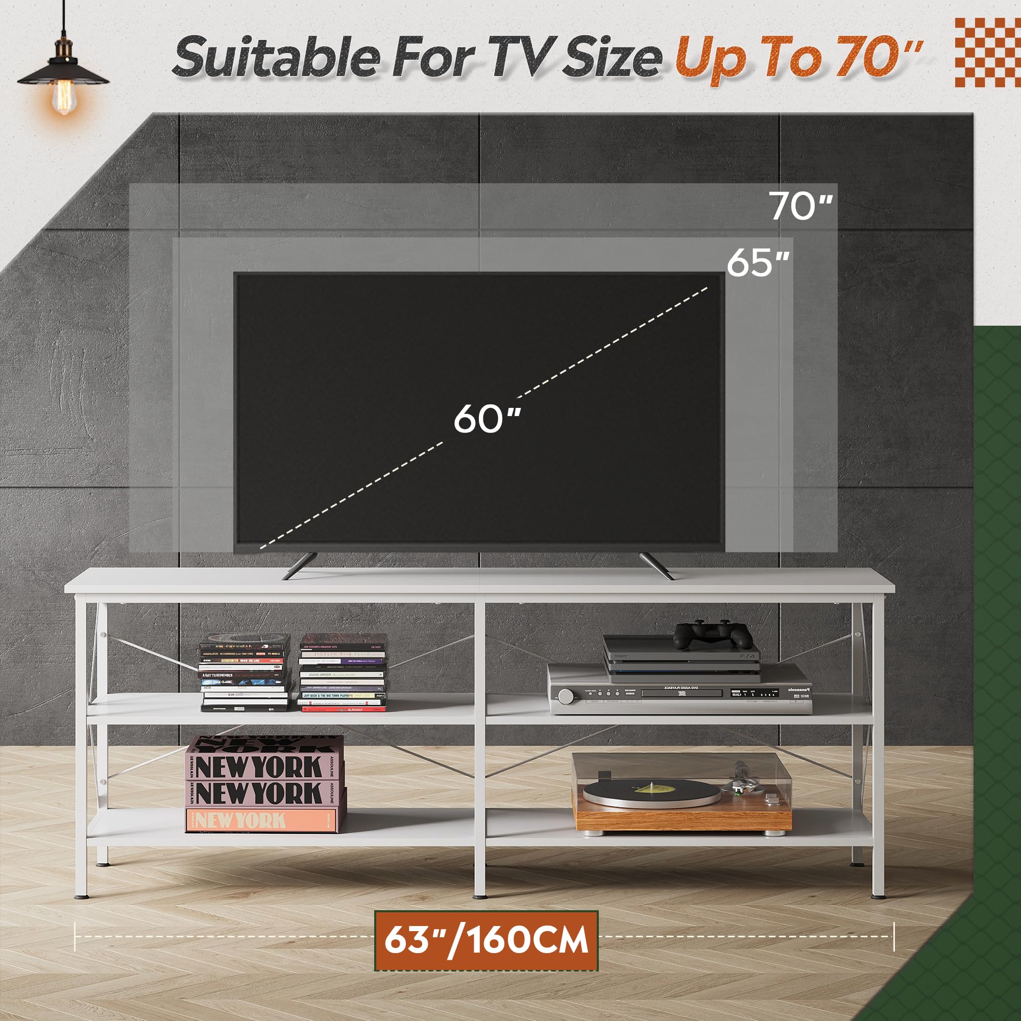 Wlive Tv Stand Up To 70 Inch Tv, 63' Entertainment Center, Tv Media Console With 3-Tier Storage Shelves For Living Room And Bedroom, White