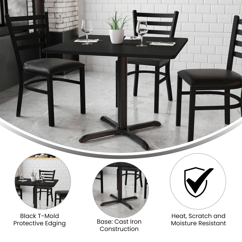Flash Furniture 5-Piece 36" Square Laminate Dining Table/Chairs Set, Restaurant Dining Set with Table, X-Base, and 4 Trapezoidal Back Chairs, Black