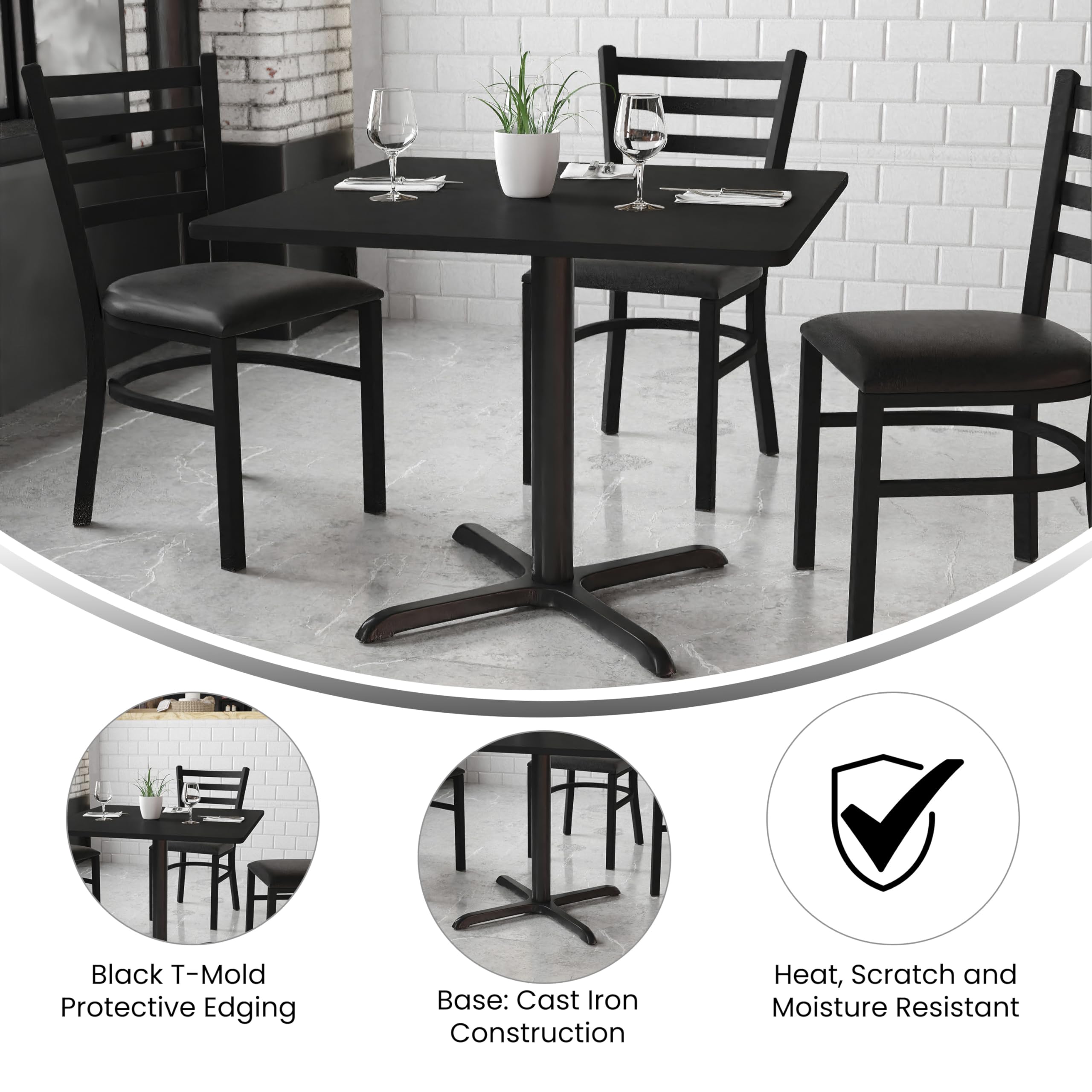Flash Furniture 5-Piece 36" Square Laminate Dining Table/Chairs Set, Restaurant Dining Set with Table, X-Base, and 4 Trapezoidal Back Chairs, Black