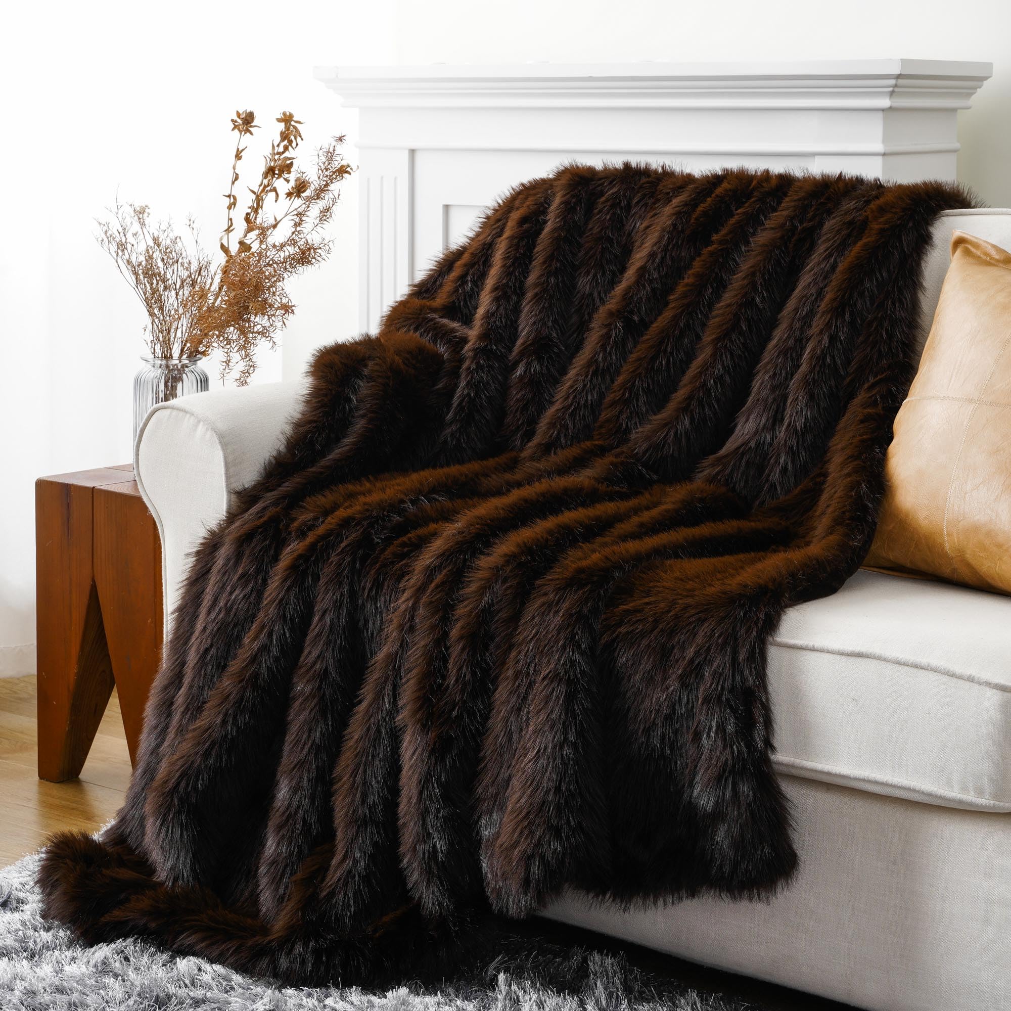 Battilo Home Luxury Brown Faux Fur Throw Blanket, Large Soft Warm Cozy Fuzzy Fluffy Fur Blankets And Throws For Bed, Home Decor,