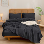 Bestouch Sheet Set 100% Washed Cotton Linen Feel Super Soft Comfortable Chic Lightweight 4 Pcs Home Bedding Set Solid Deep Black