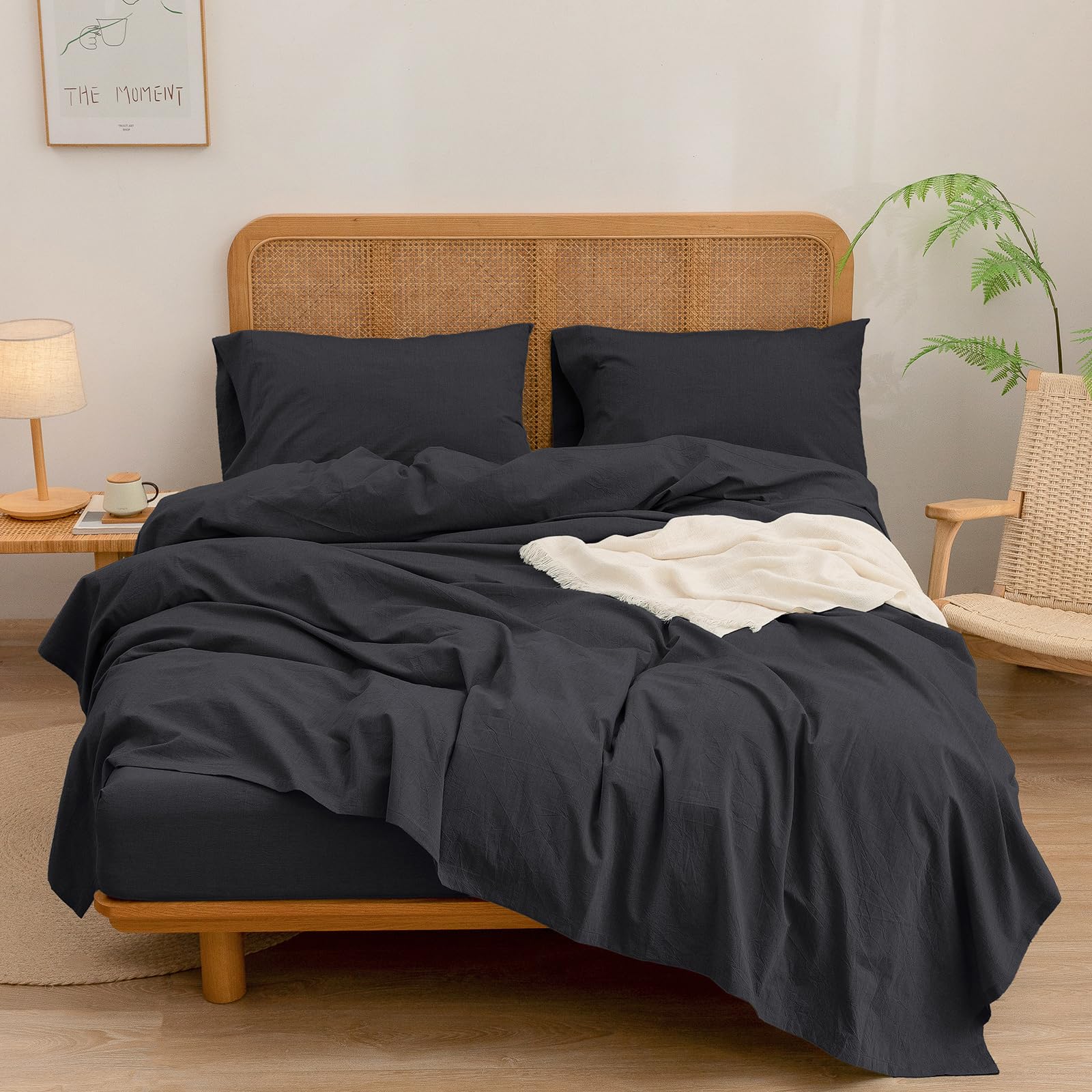 Bestouch Sheet Set 100% Washed Cotton Linen Feel Super Soft Comfortable Chic Lightweight 4 Pcs Home Bedding Set Solid Deep Black