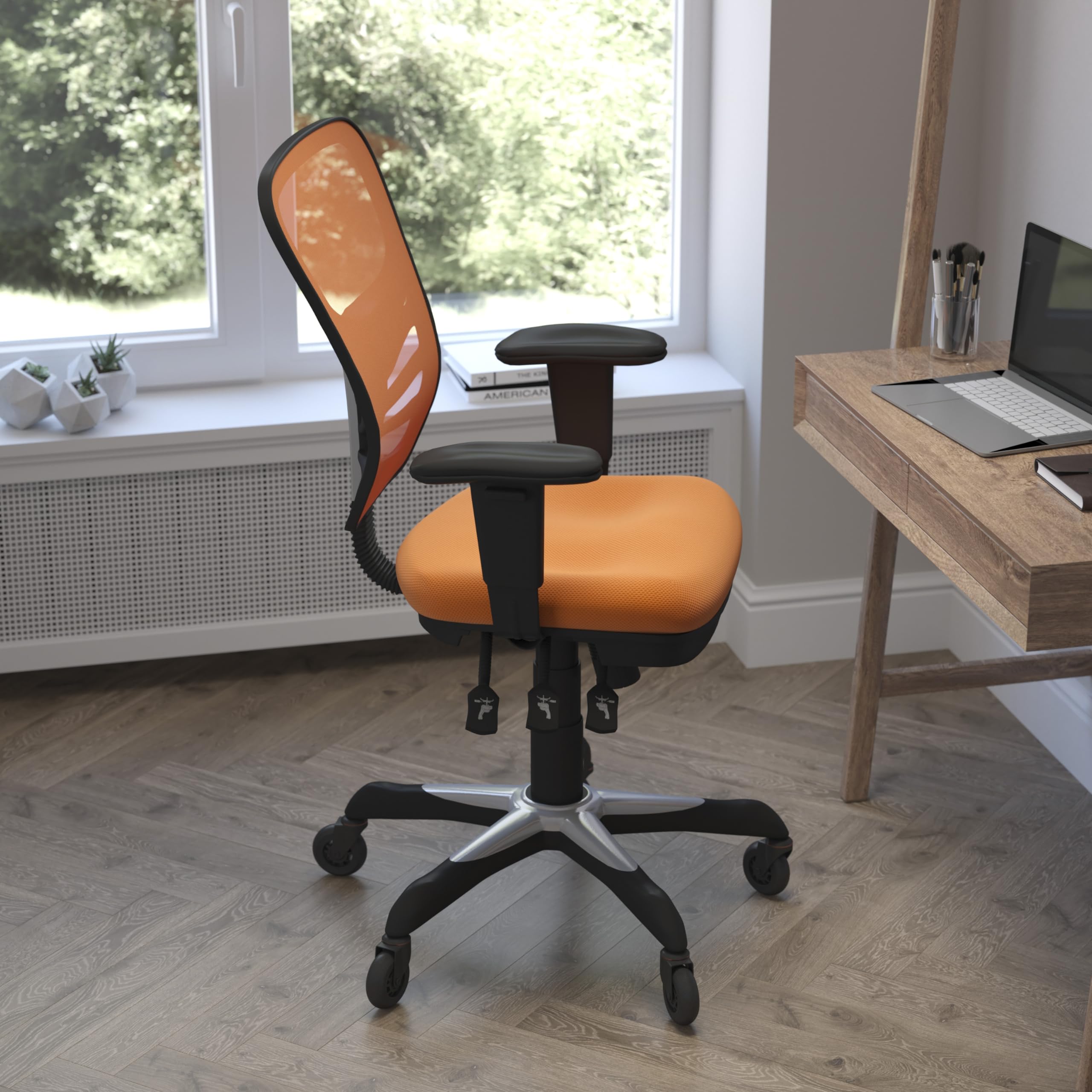 Flash Furniture Nicholas Mid-Back Orange Mesh Multifunction Executive Swivel Ergonomic Office Chair With Adjustable Arms And Transparent Roller Wheels