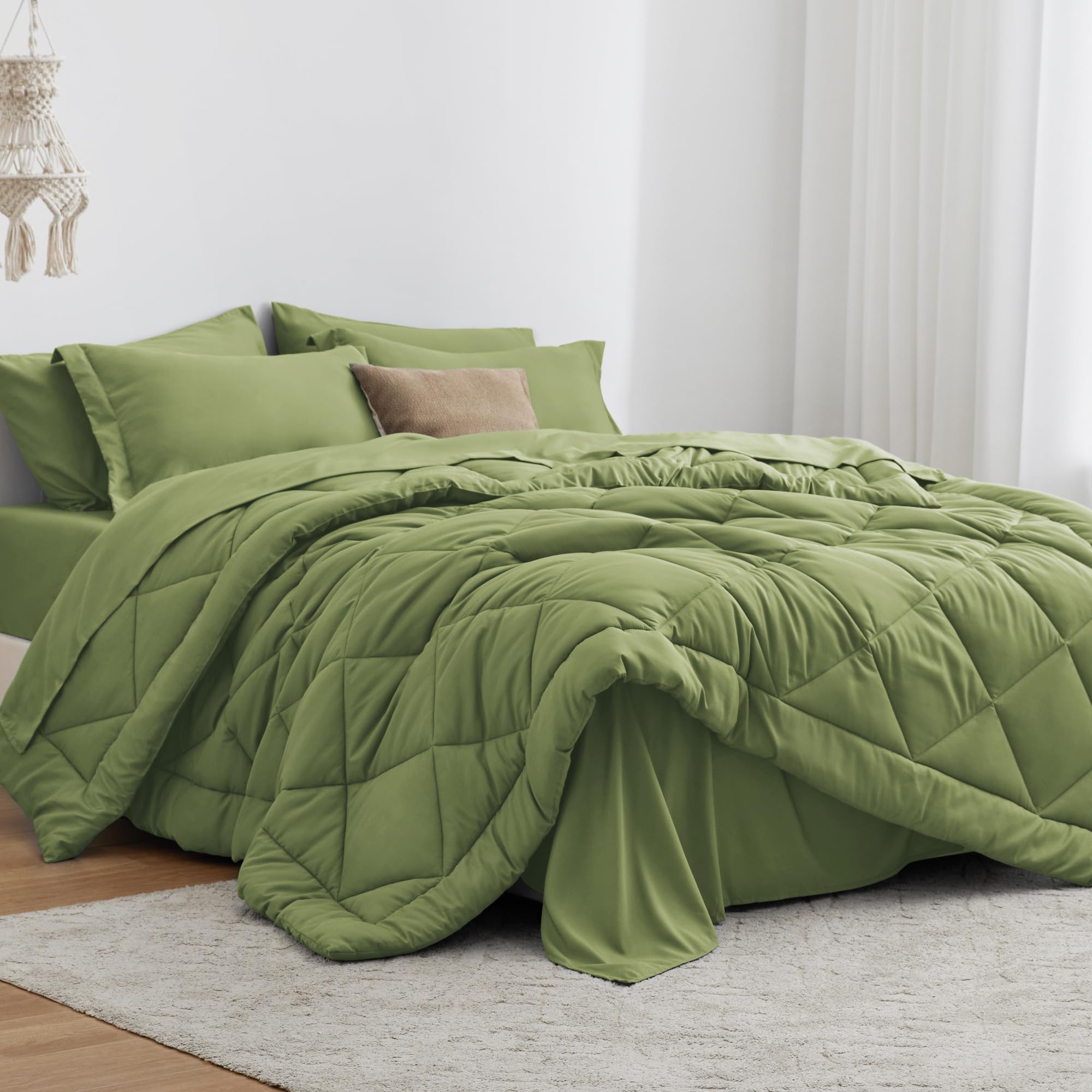 Love'S Cabin California King Comforter Set Olive Green, 7 Pieces California King Bed In A Bag, All Season Bedding Sets With 1 Co