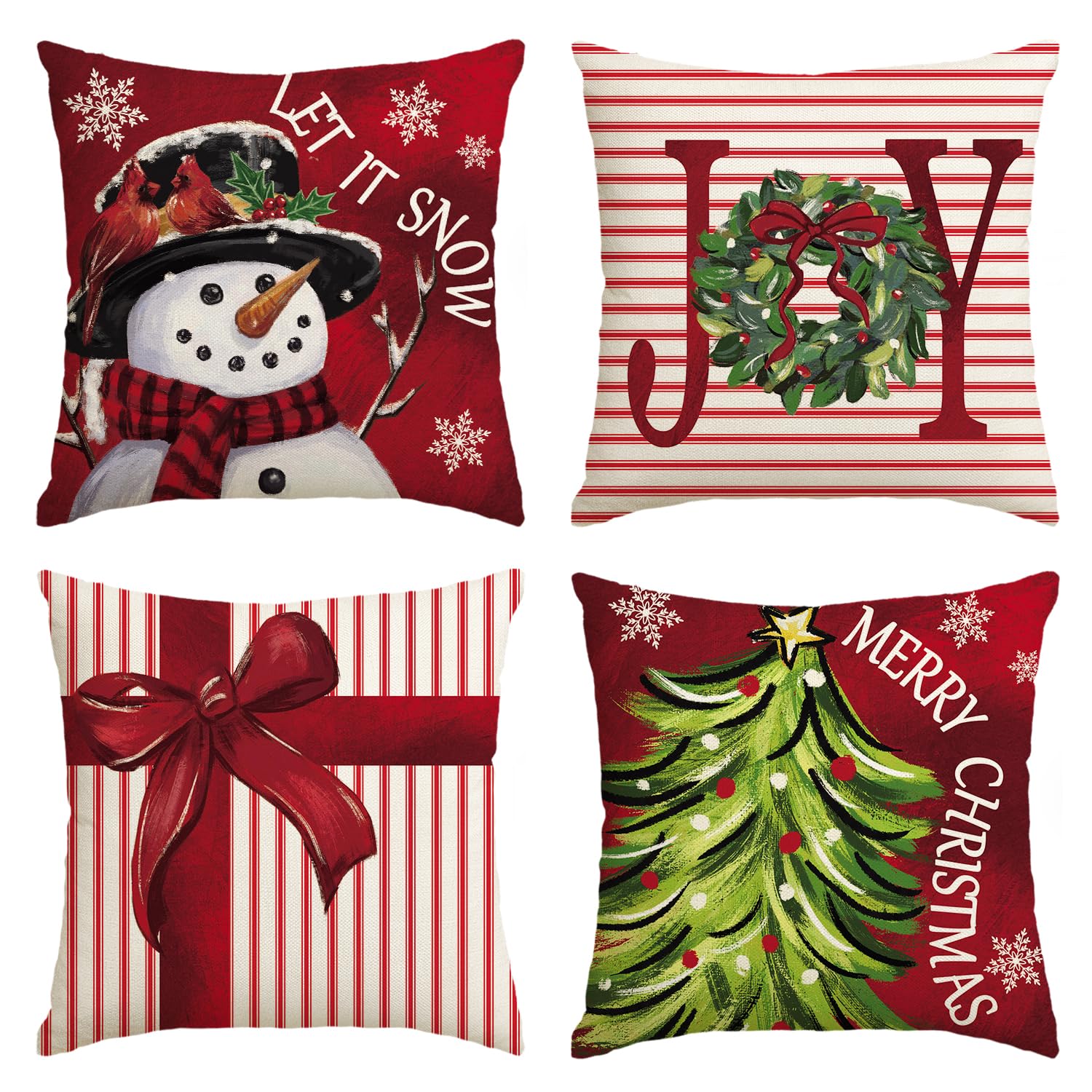 Avoin Colorlife Merry Christmas Let It Snow Joy Stripes Gift Box Red Throw Pillow Covers, 20 X 20 Inch Xmas Tree Holiday Cushion