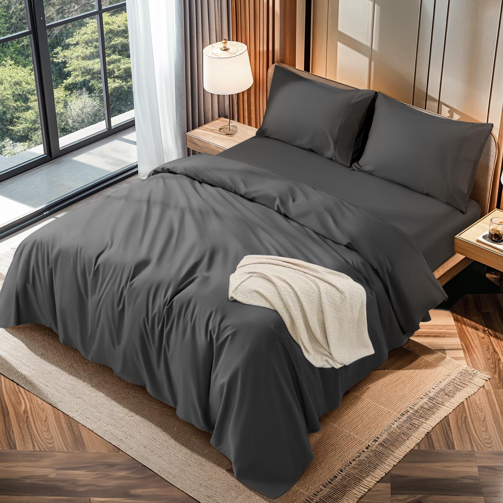 Lbro2M 100% Cotton 1200 Thread Count Full Size Sheets Set,16 Inches Deep Pocket,Bed Sheet 4 Piece Sets (Black, Full)