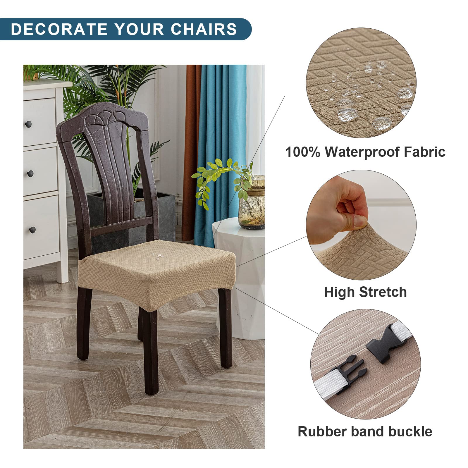 Genina Waterproof Seat Covers For Dining Room Chair Covers Waterproof Dining Chair Covers (6 Pcs-Rear-Covered, Khaki)