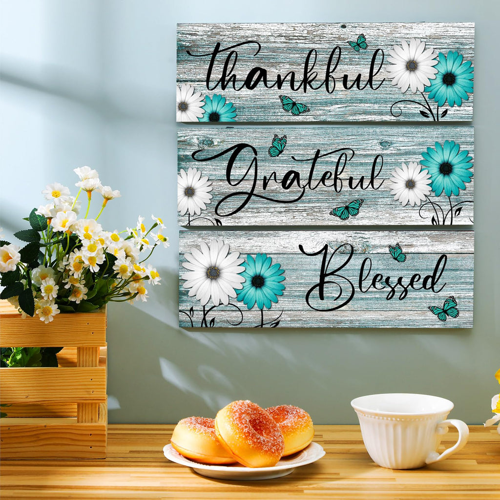 Geetery 3 Pcs Thankful Grateful Blessed Wooden Signs Rustic Daisy Wood Wall Decor Inspirational Wall Art Signs Rustic Wooden Han