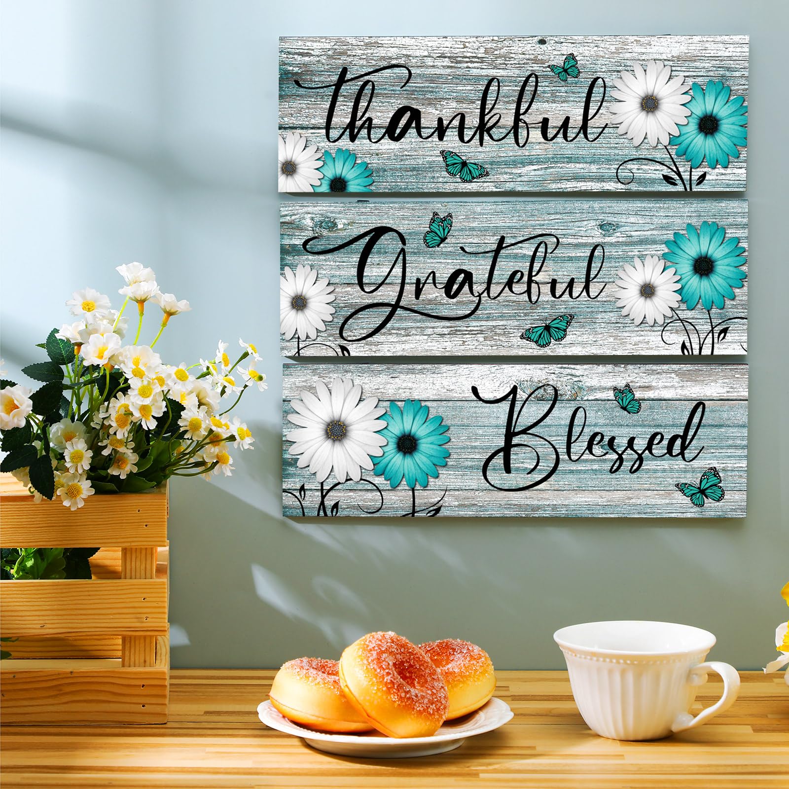 Geetery 3 Pcs Thankful Grateful Blessed Wooden Signs Rustic Daisy Wood Wall Decor Inspirational Wall Art Signs Rustic Wooden Han