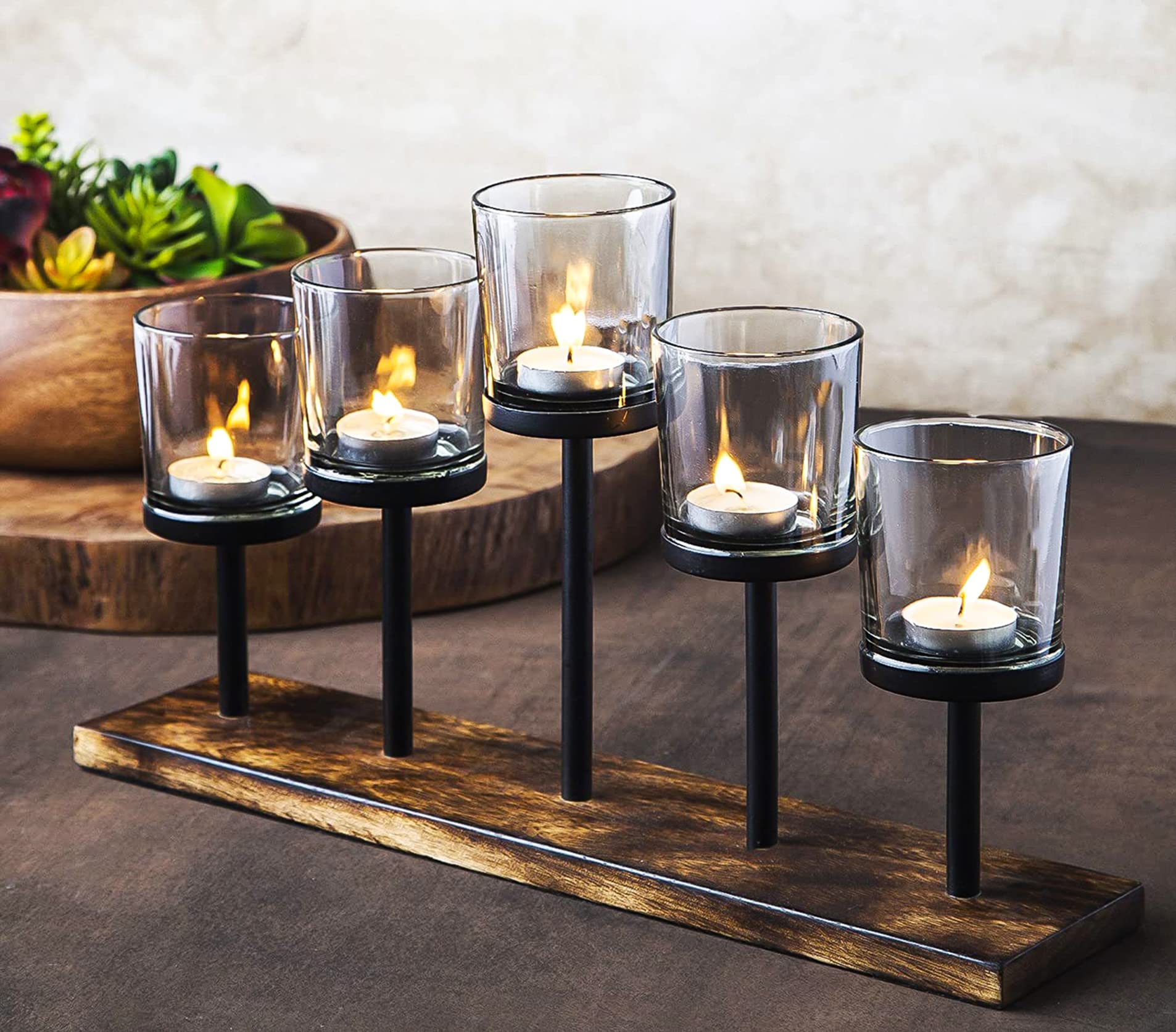 Elegant Decorative Votive Candle Holder Centerpiece, 5 Glass Cups on Wood Base-Tray for Anniversary, Wedding, Dining Table Cente