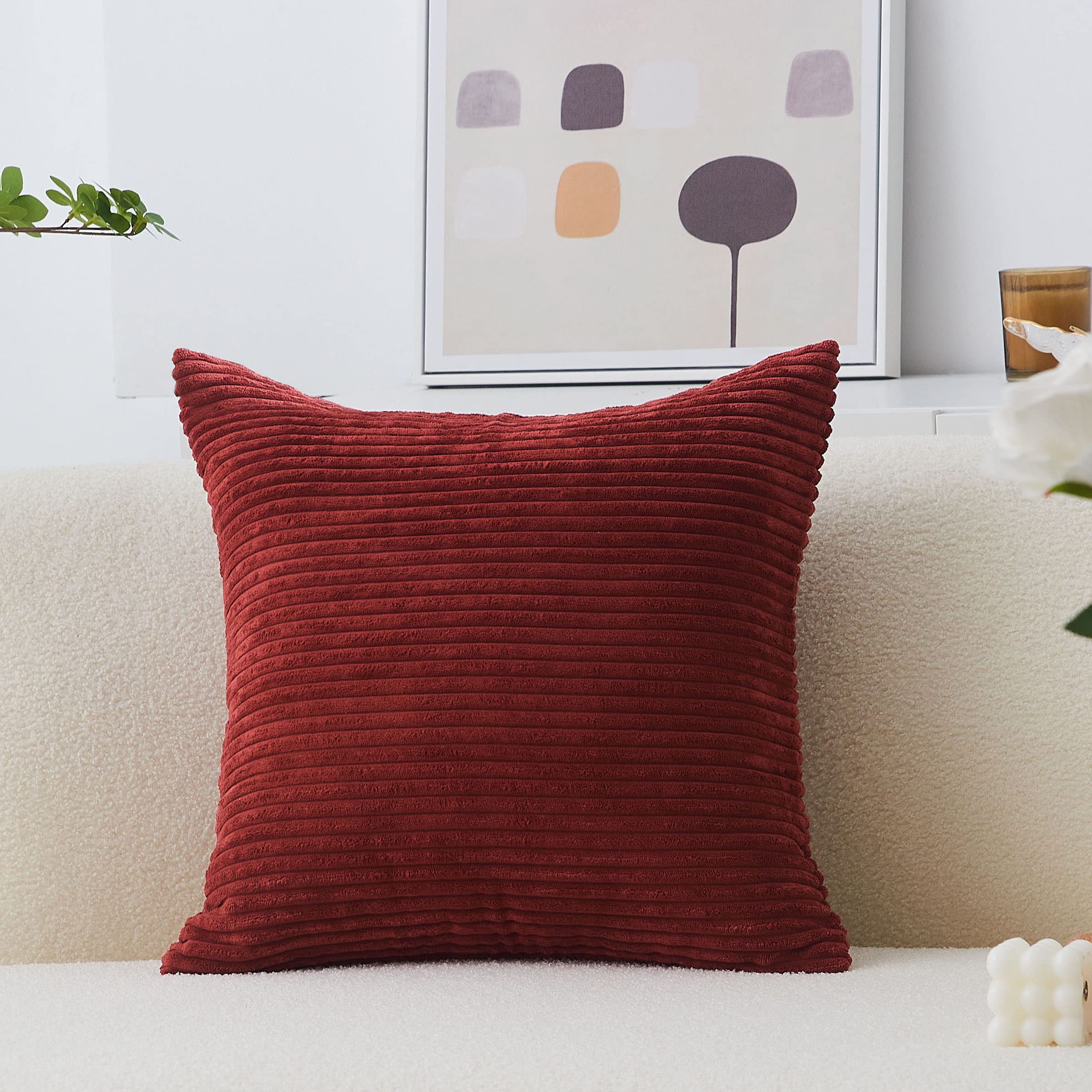 Home Brilliant 18X18 Pillow Cover Dark Red Plush Corduroy Pillow Cover Christmas Decoration Striped Velvet Throw Pillow For Couc