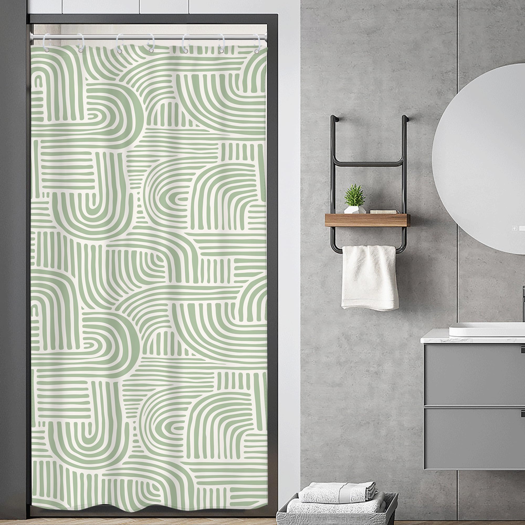 Riyidecor Green White Small Stall Rv Shower Curtain Boho Vintage Abstract Arch Dorm Narrow Single Half Size 36Wx72H Inch Neutral