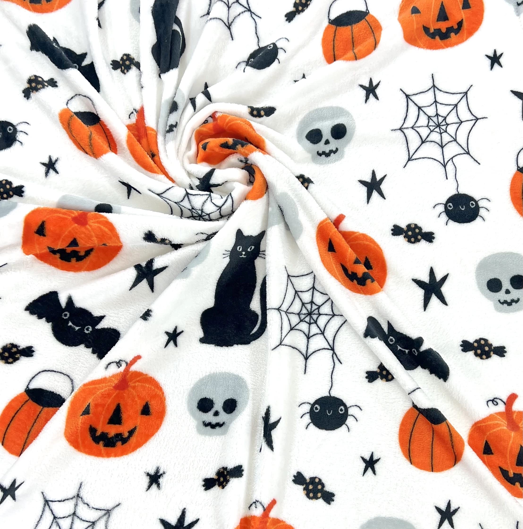 Serafina Home Halloween Blanket Throw: Fuzzy Boo! Jack O'Lantern Spider Webs Skull And Black Cats Print On Velvet Fleece For Sof