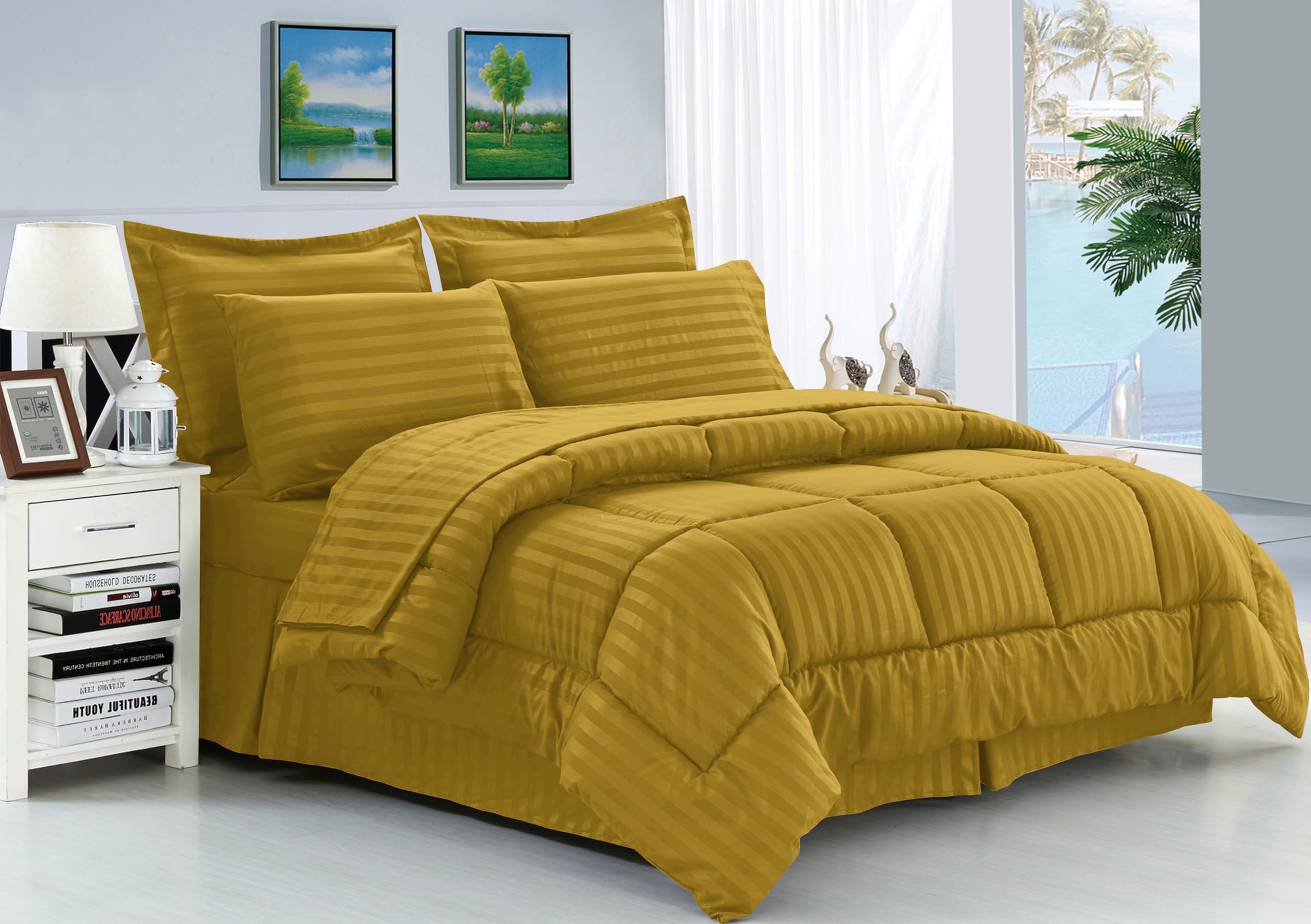 Elegant Comfort Silky Soft 8-Piece Dobby Stripe Bed-In-A-Bag Comforter Set, Includes 4Pc Smart Sheet Set, Bed Skirt, Comforter, Matching Pillowcases And Shams - King/California King, Mustard Yellow