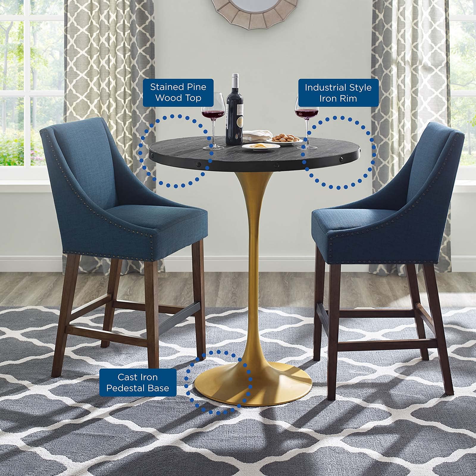 Modway Drive 36&quot; Modern Farmhouse Dining Table with Round Pine Black Wood Top and Gold Steel Base in Black Gold