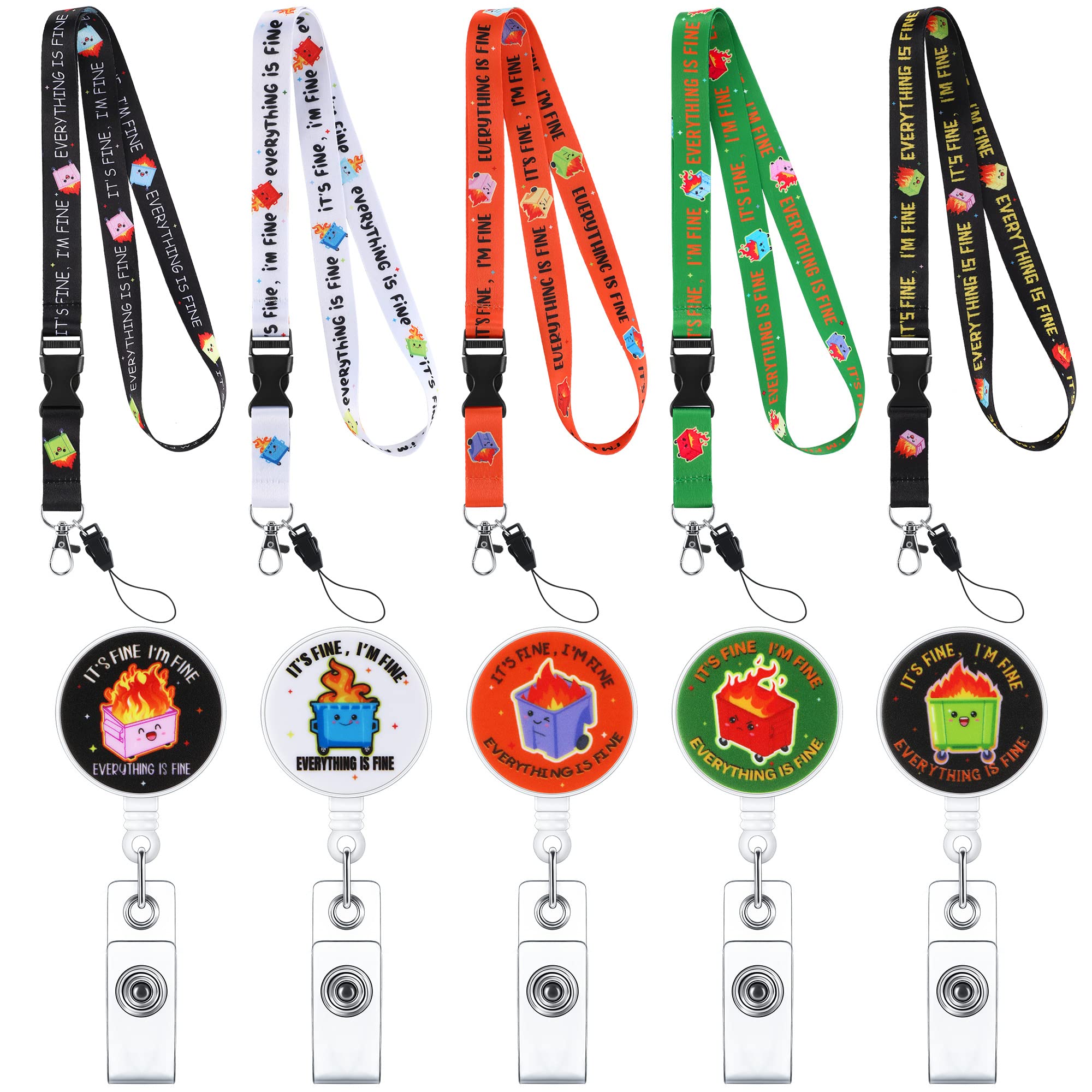 5 Pack Dumpster Fire Badge Reels Retractable Dumpster Fire Detachable Lanyard Everything Is Fine Funny Badge Reel For Nurse Nurs