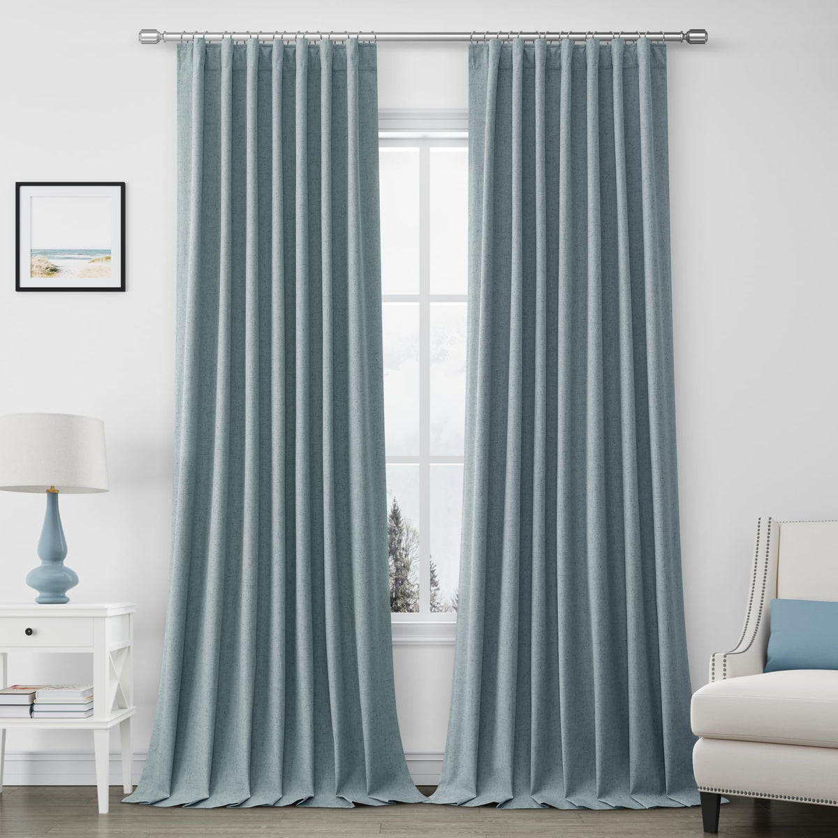 Joywell Dark Blue Linen 100% Blackout Curtains 108 Inch Long, Rod Pocket/Back Tab/Hook Belt/Clip Rings,Thermal Insulated Drapes For Bedroom Living Room With Hooks,2 Panels,52 X 108