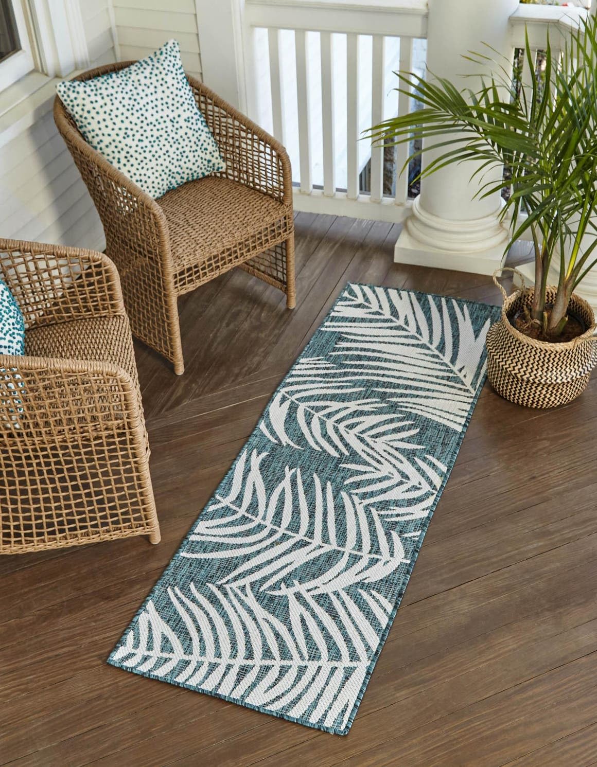 Unique Loom Outdoor Botanical Collection Area Rug - Palm (2 x 8 Runner Teal/Ivory)