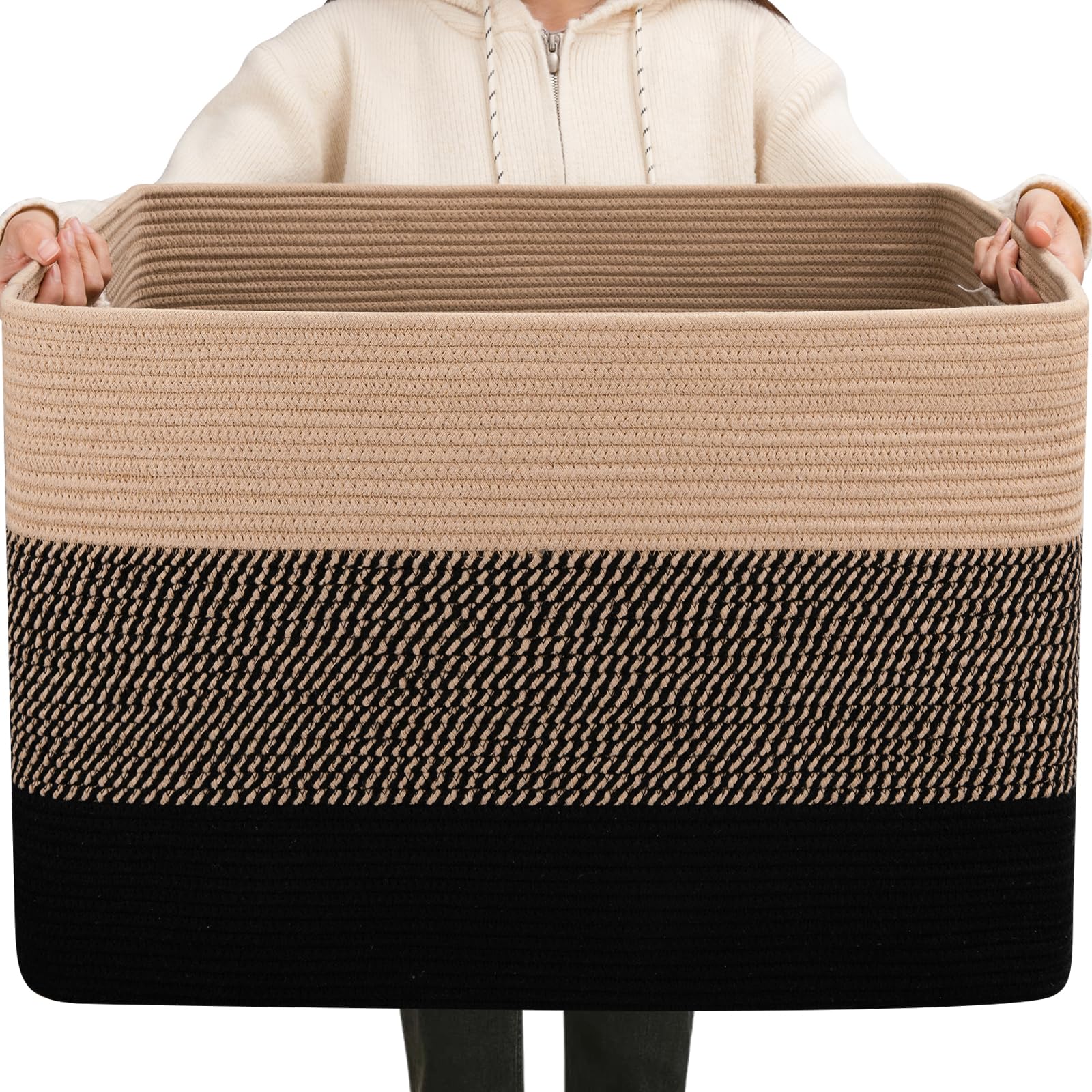 Oiahomy 108L Super Large Blanket Basket, 25   X16   X16    Rectangle Woven Baskets For Storage, Cotton Rope Basket For Living Ro