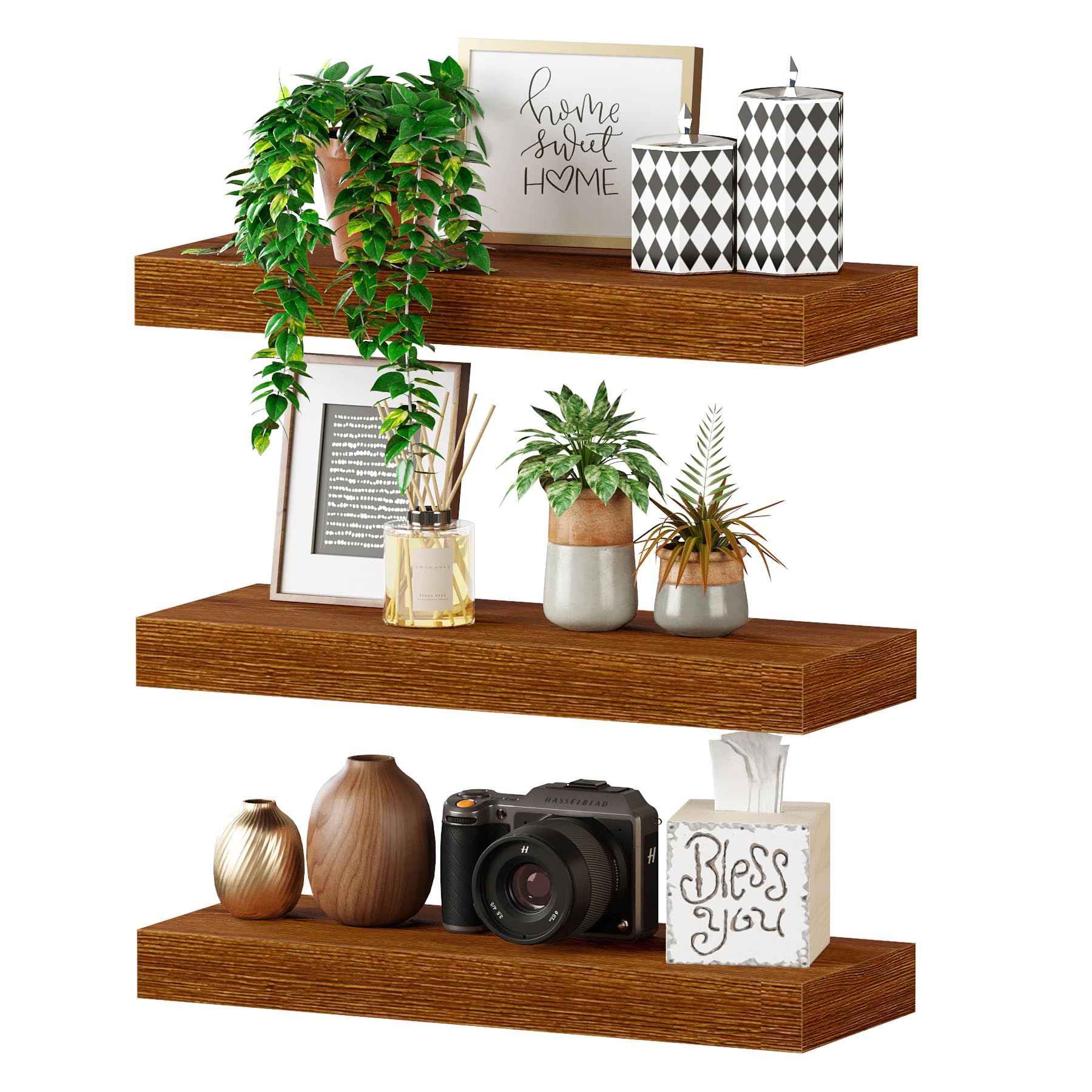 Bameos Floating Shelves, 16X6 American Oak Wall Mounted Wooden Shelves With Invisible Brackets Set Of 3, Hanging Wall Shelves Decoration For Bedroom, Bathroom, Living Room And Kitchen