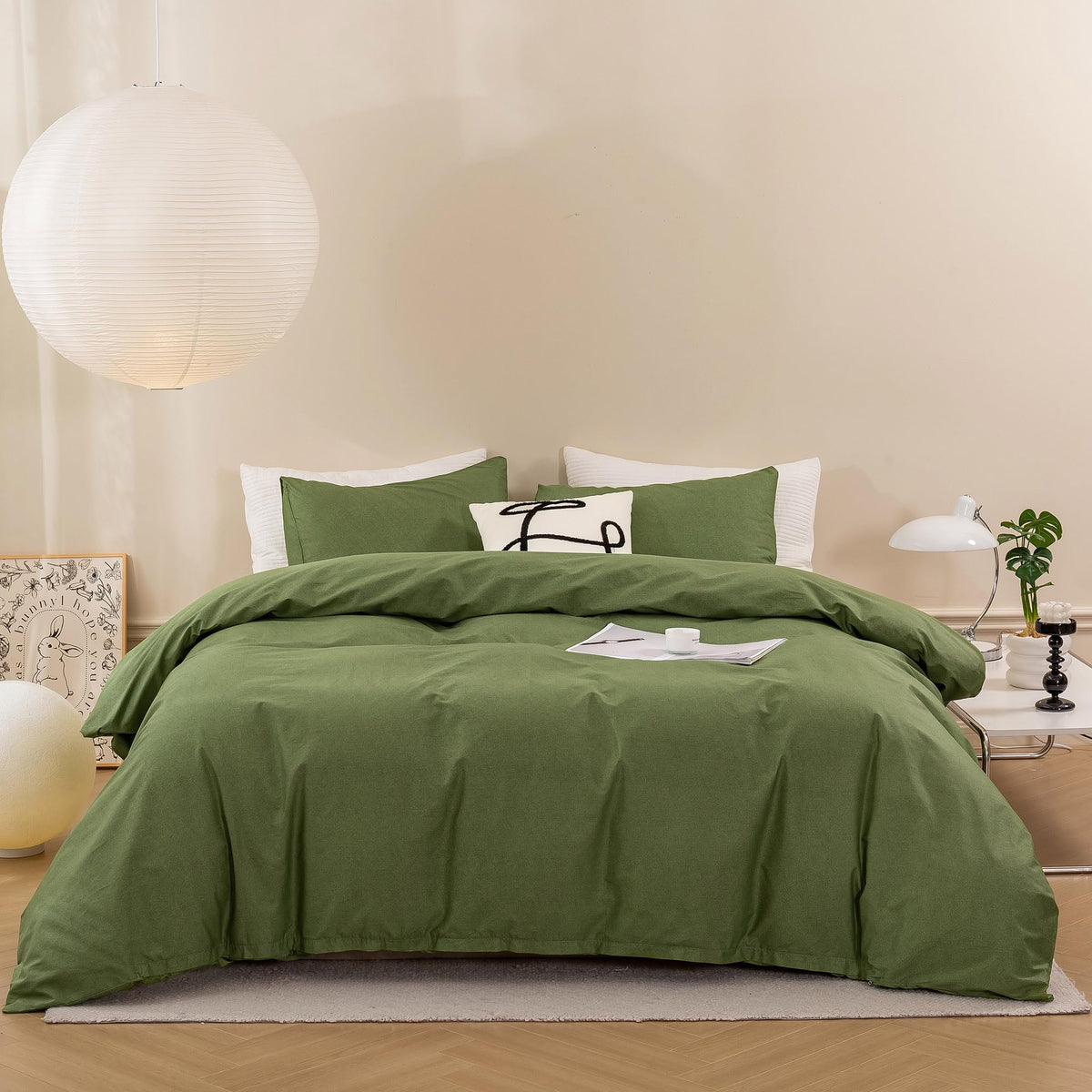 Ecocott Olive Green Duvet Cover King Size - 100% Washed Cotton Durable Soft Comfy Duvet Cover Set, 3 Pieces Duvet Cover With Zip
