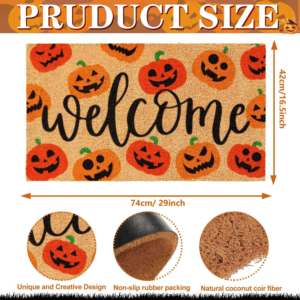 Jarthenaamcs Halloween Natural Coir Doormat Red Orange Evil Pumpkin Welcome Floor Mat Non-Slip Entrance Door Rugs For Indoor Out