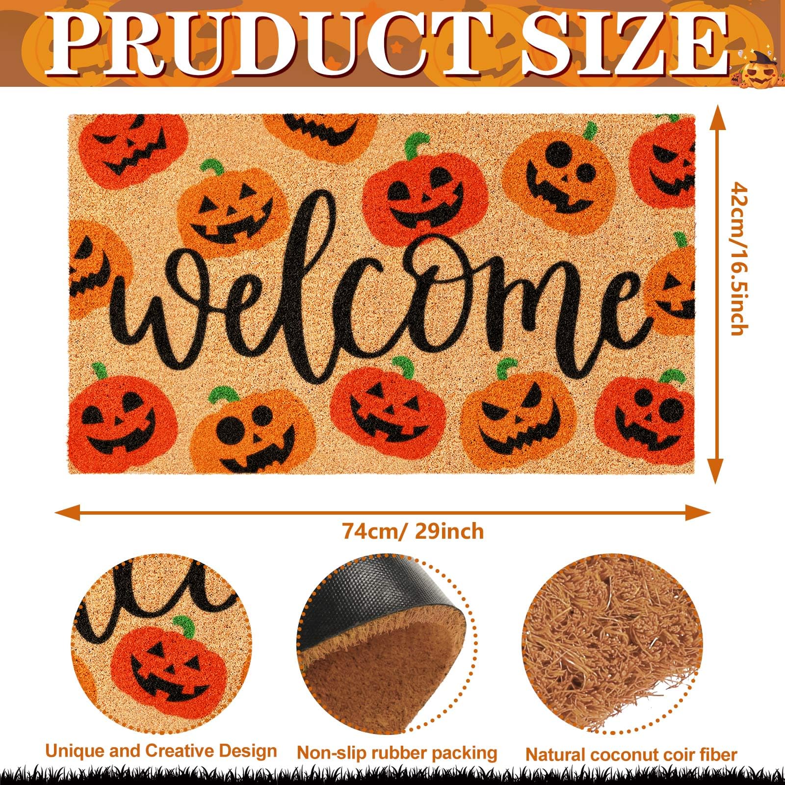 Jarthenaamcs Halloween Natural Coir Doormat Red Orange Evil Pumpkin Welcome Floor Mat Non-Slip Entrance Door Rugs For Indoor Out