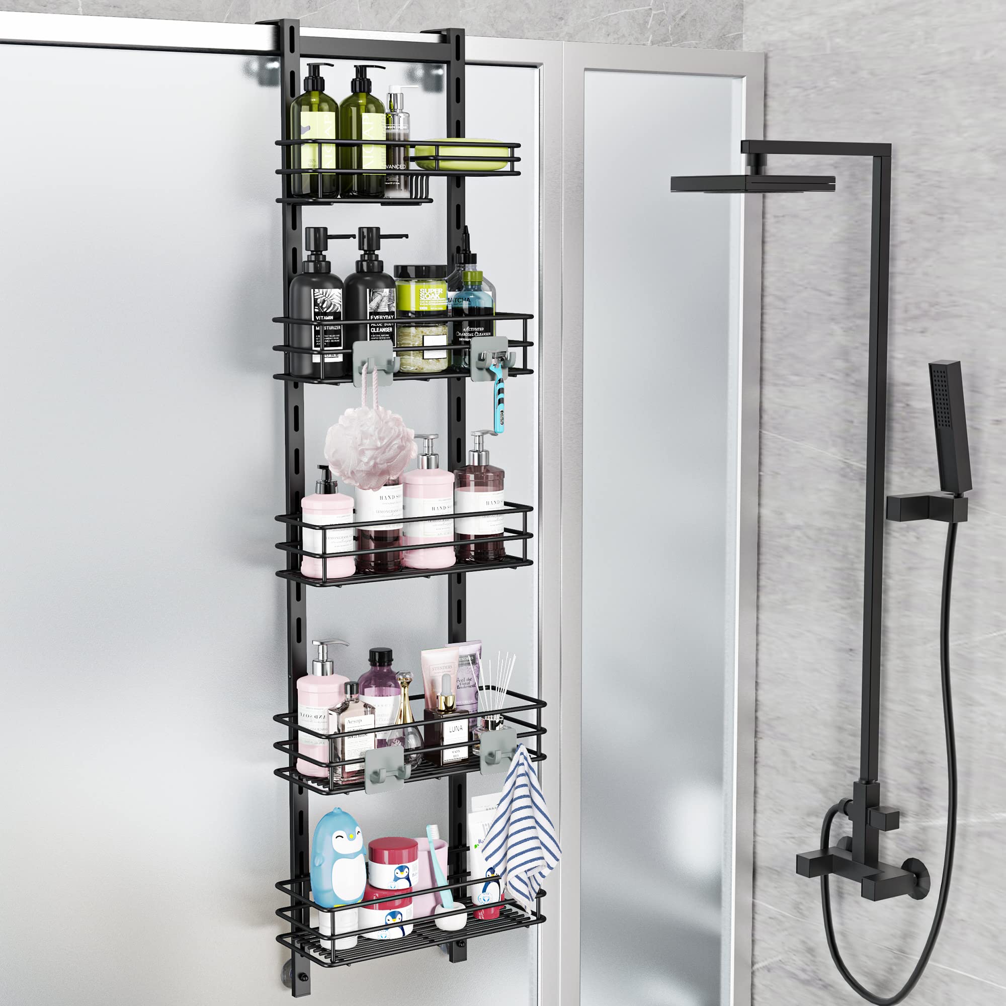 Orimade Over the Door Shower Caddy Adjustable 5 Tier Black,Bathroom Hanging Organizer Shelf Rustproof with 4 Hooks,Shower Basket