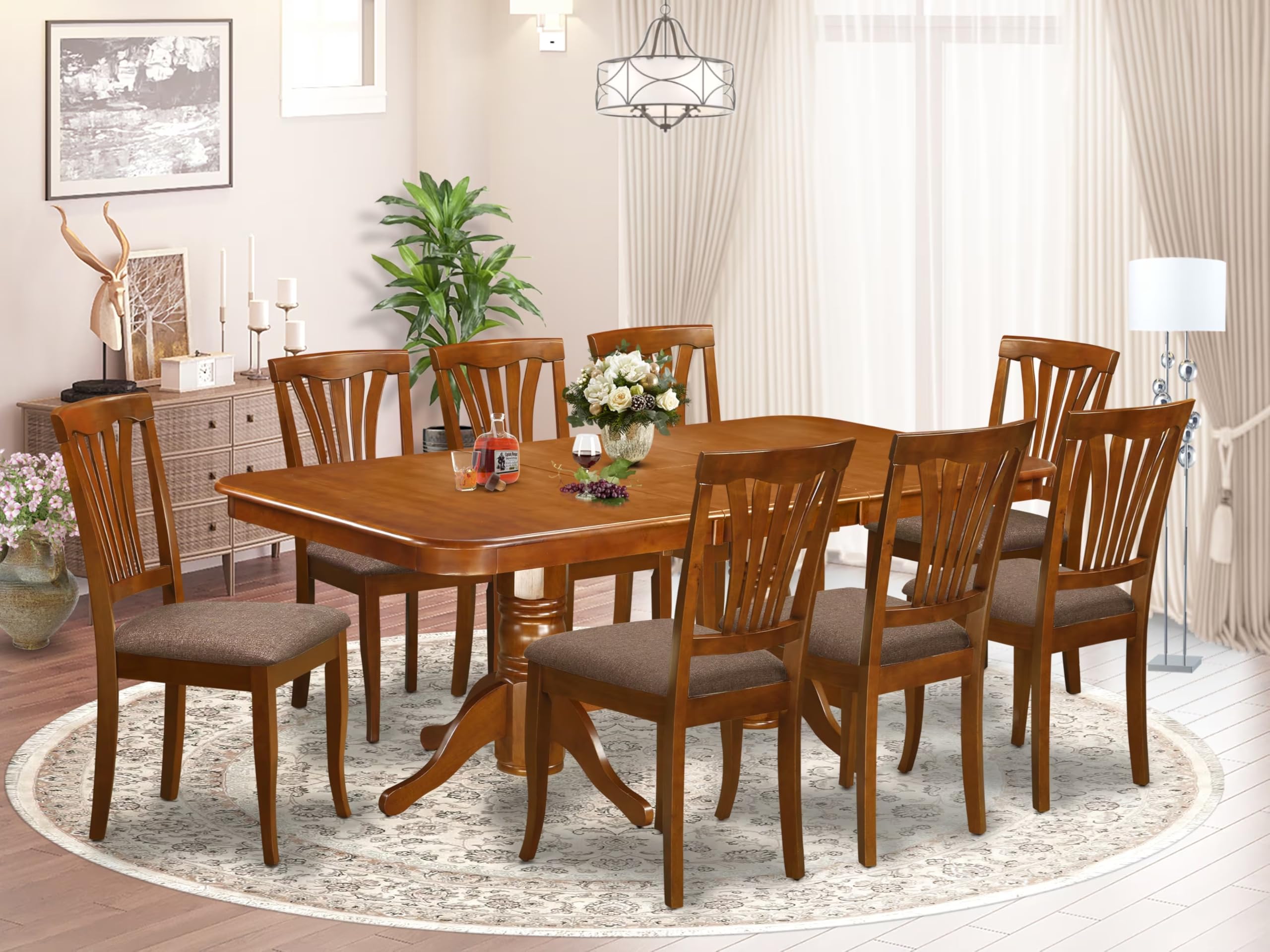 East West Furniture NAAV9-SBR-C 9 Piece Dining Room Table Set Includes a Rectangle Kitchen Table with Butterfly Leaf and 8 Linen Fabric Upholstered Dining Chairs, 40x78 Inch, Saddle Brown