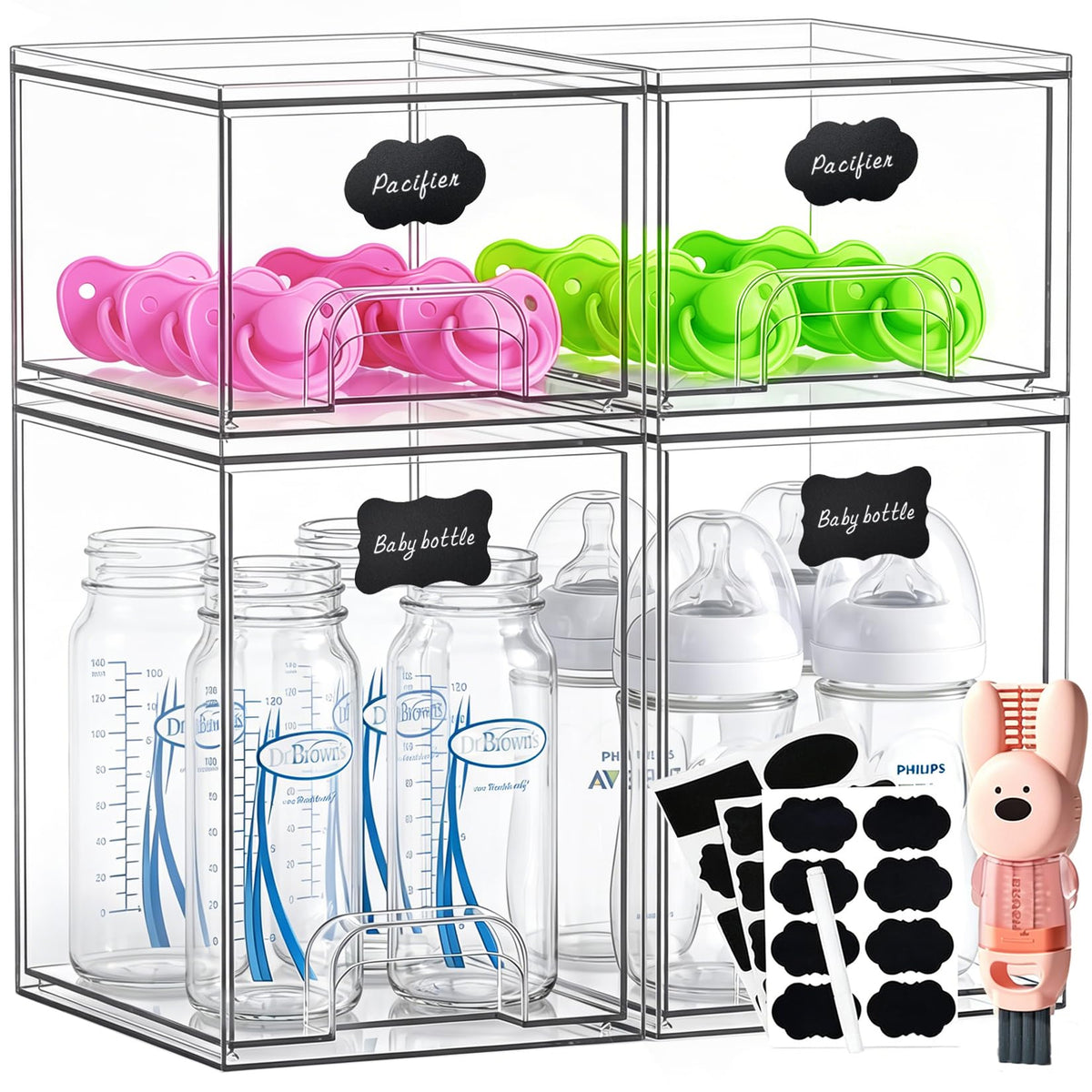TOOGE Stackable Baby Bottle Organizer: Acrylic Bottle Organizer Baby Storage Drawers Clear Bottle Station Organization for Count