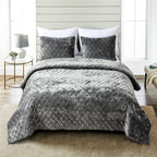 Fredsure Distressed Velvet Quilt Set, 3 Pieces Grey King, Distressed Velvet Face And Brushed Microfiber Reverse With Diamond Qui