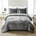 Fredsure Distressed Velvet Quilt Set, 3 Pieces Grey Queen, Distressed Velvet Face And Brushed Microfiber Reverse With Diamond Qu