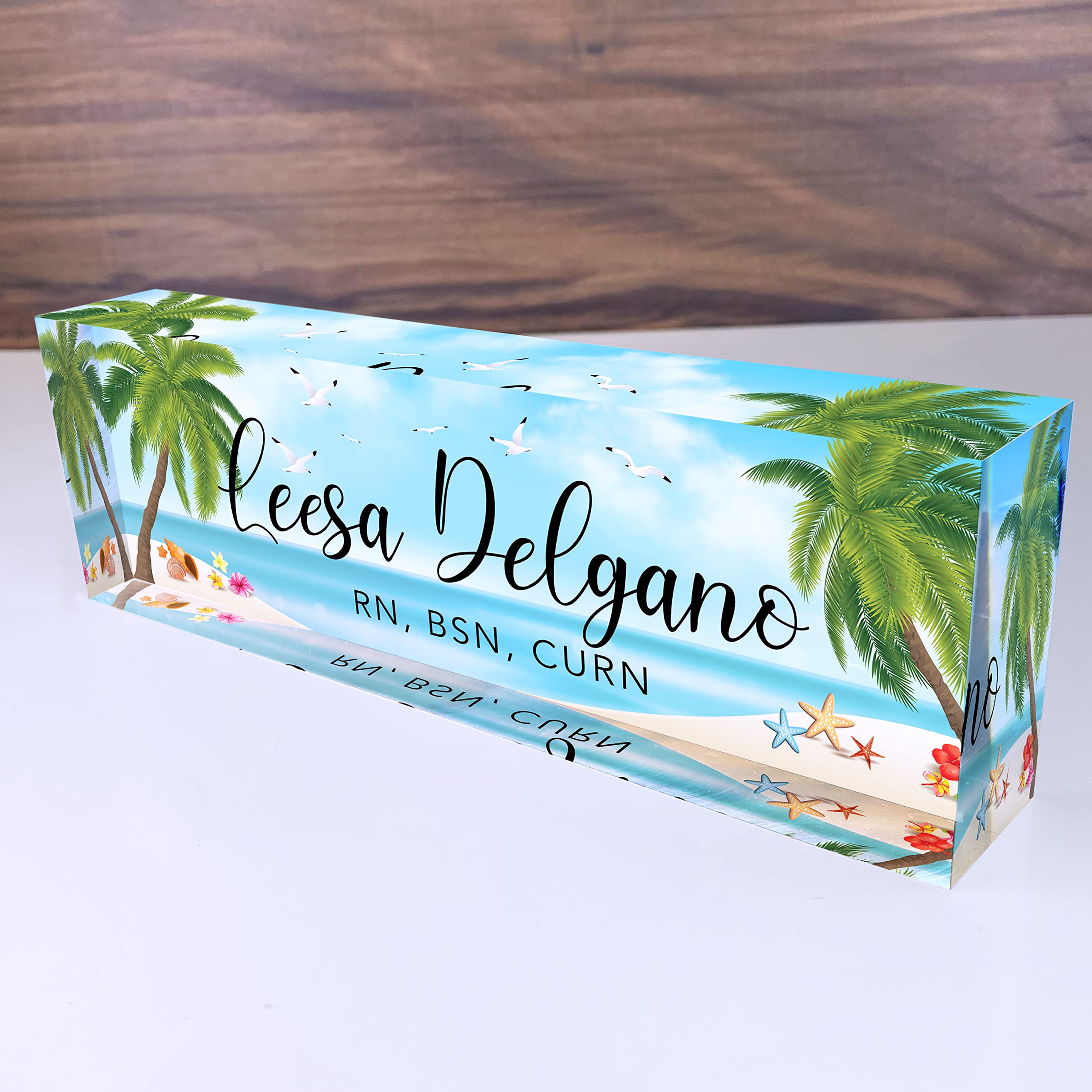Artblox Office Desk Name Plate Personalized | Custom Name Plates For Desks | Sea Beach Design On Clear Acrylic Glass | Office De