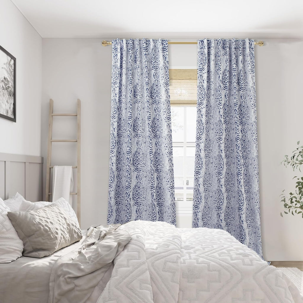 Patterned Living Room Curtains Drapes 108 Inch Long 2 Panels,Extra Long 50% Blackout Black Out Light Filtering Back Tab Boho Print Pattern 9Ft Length Ceiling Curtains For Tall Window,Navy Blue