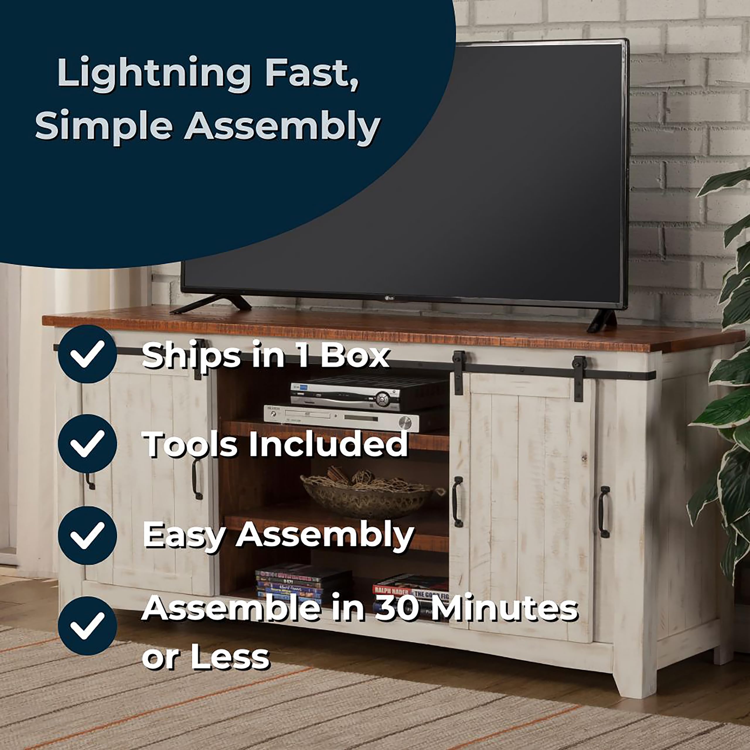 Martin Svensson Home Rustic 65?Solid Wood Tv Stand With Storage, White And Aged Distressed Pine