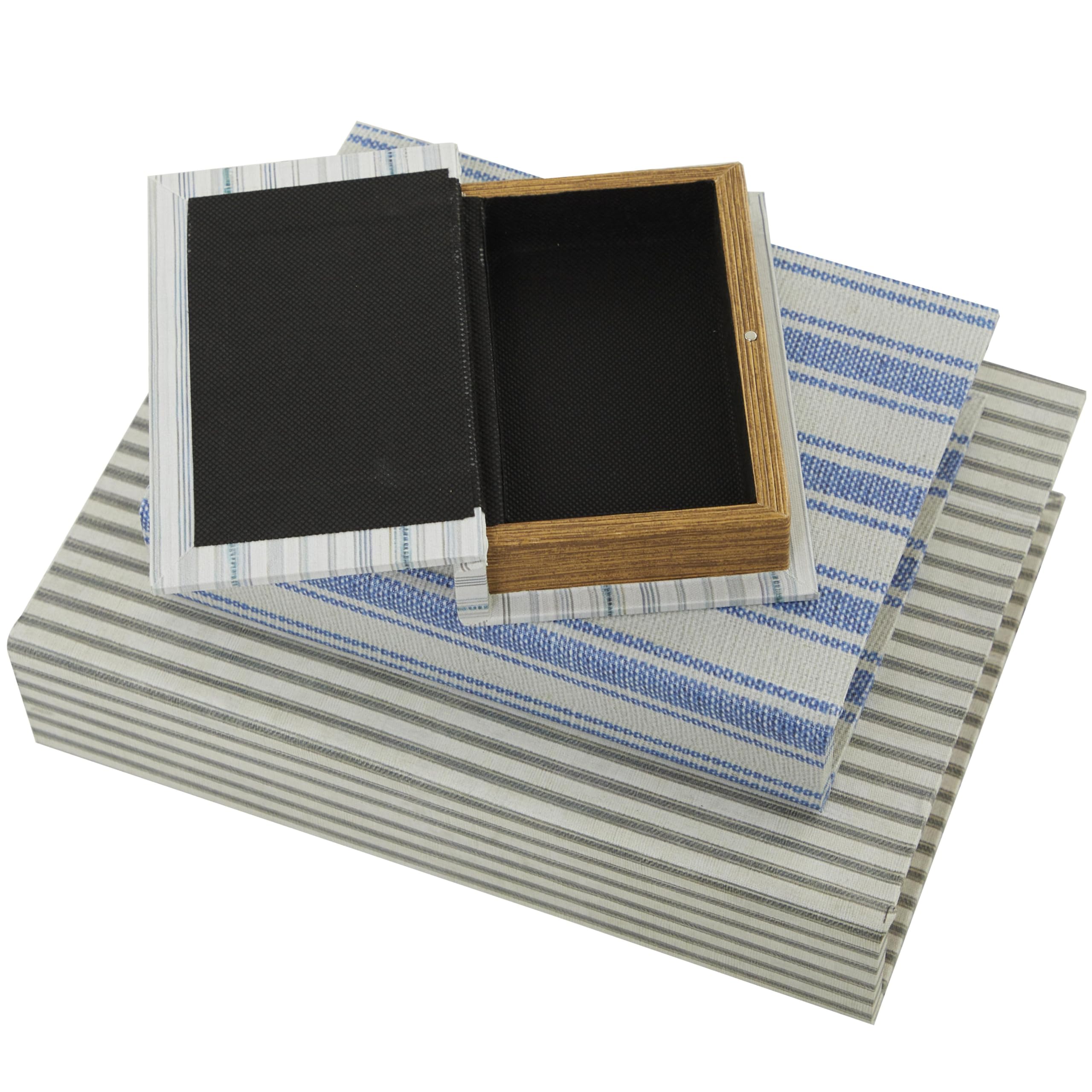 Deco 79 Canvas Decorative Box Faux Storage Book Book Shaped Boxes With Blue Striped Patterns, Set Of 3 Decorative Keepsake Boxes