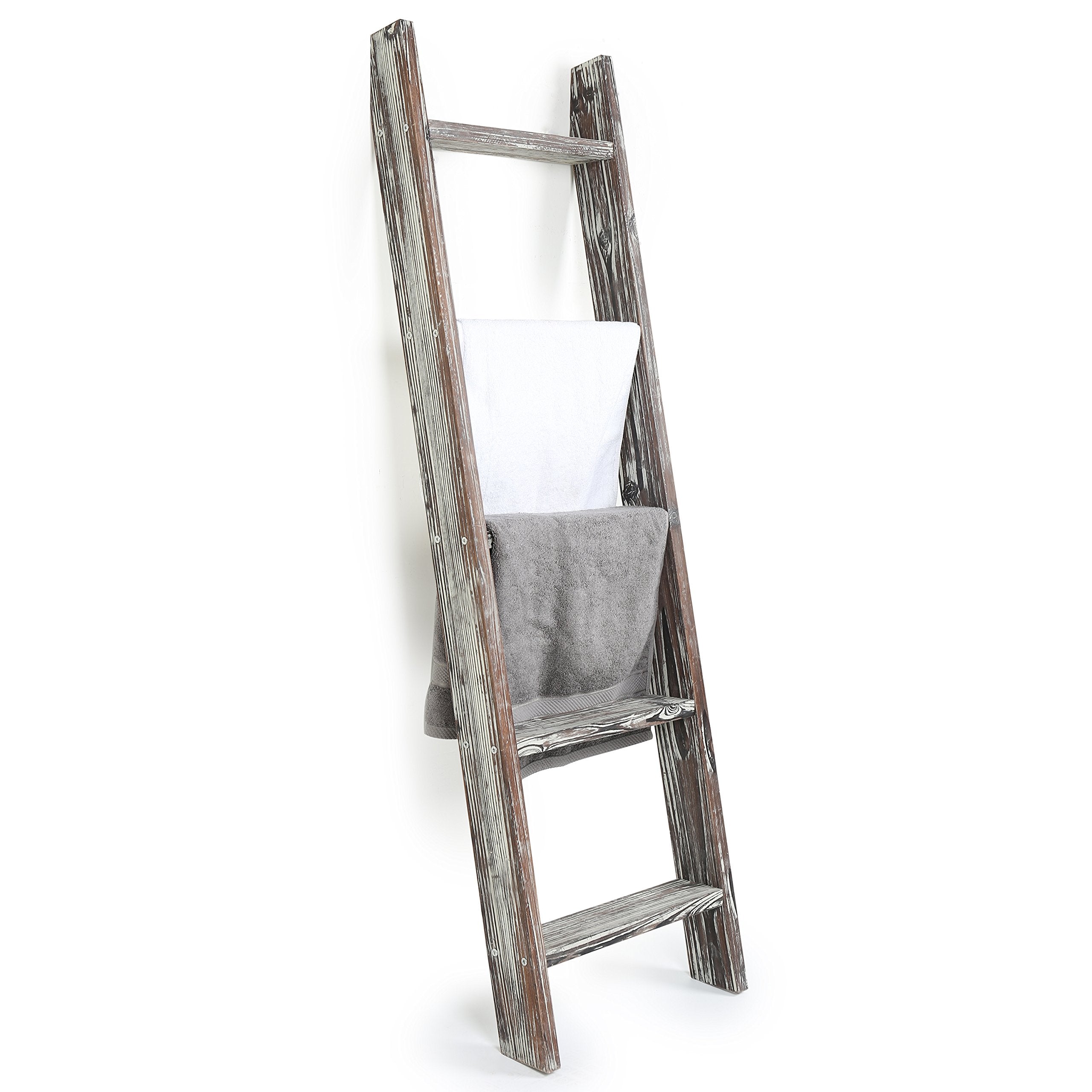 MyGift Torched Brown Wood Decorative Ladder Shelf, 4.5 Foot Wall Leaning Wooden Towel Blanket Ladder Storage Rack for Bathroom o