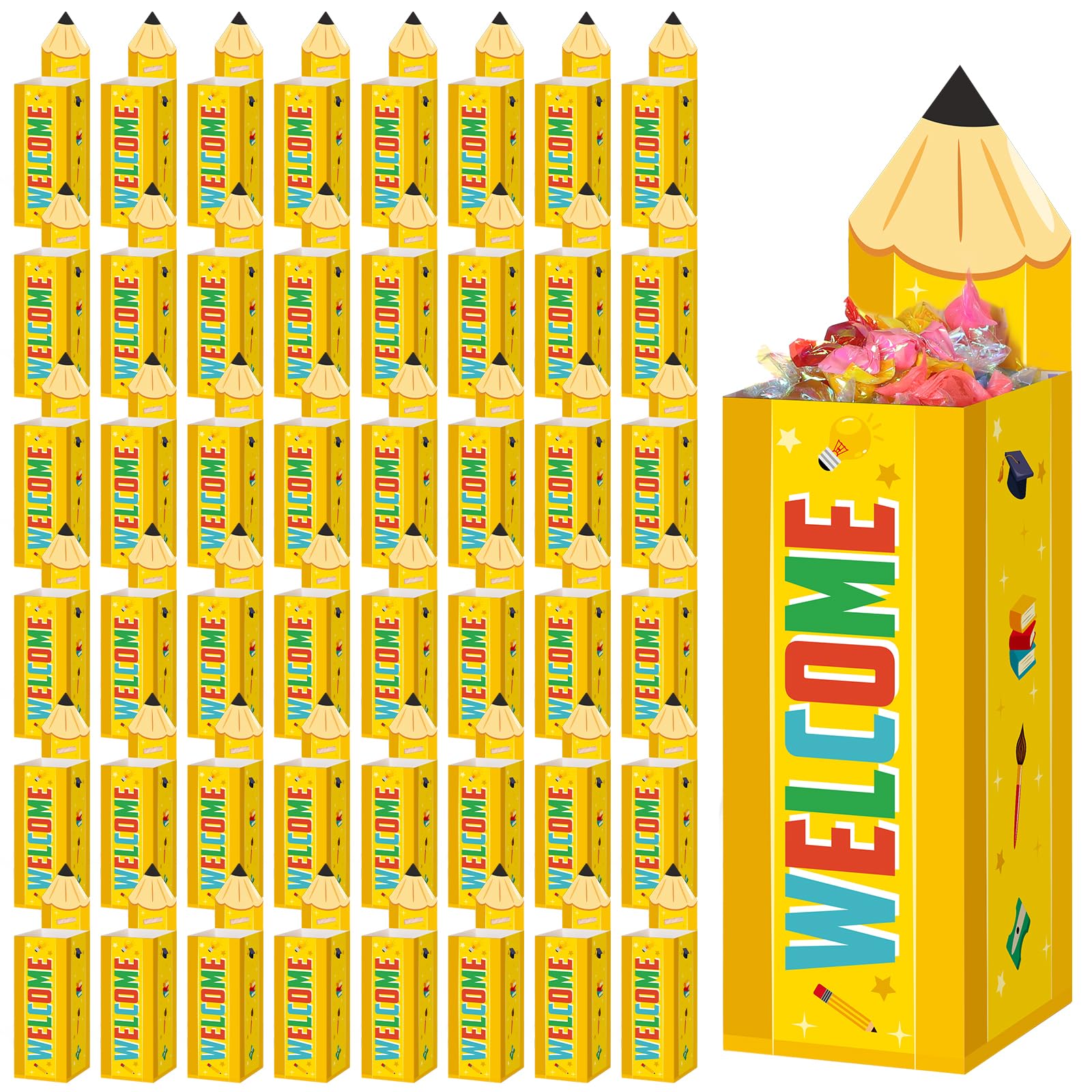 Humyoun 48 Pcs Back to School Pencil Candy Boxes Thanks Teacher Popcorn Holders Pencil Shaped Gift Box Classroom Decorations for