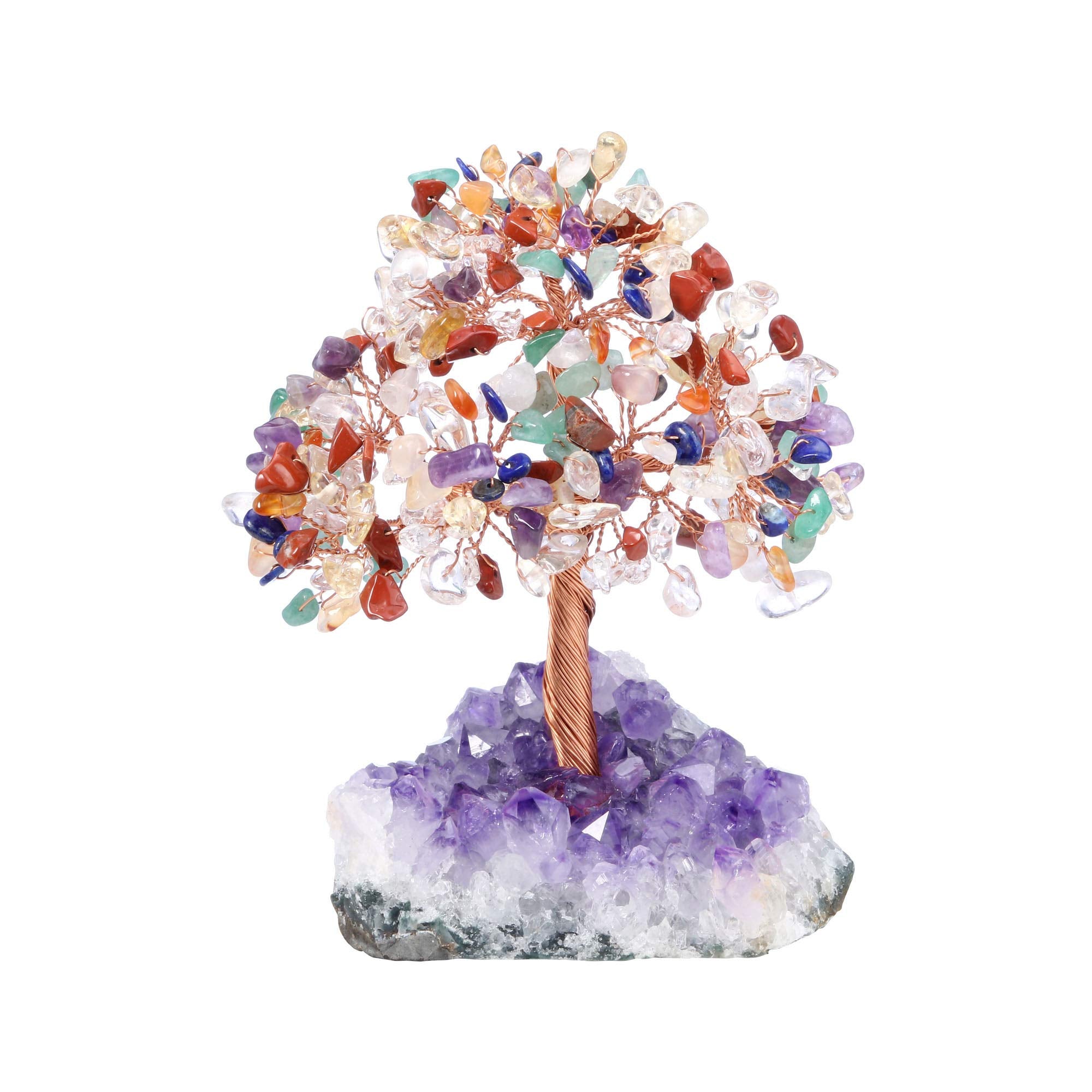 Jovivi Natural 7 Chakra Gemstone Healing Crystal Money Tree on Amethyst Cluster Geode Druzy Base Feng Shui Crystals for Home Off