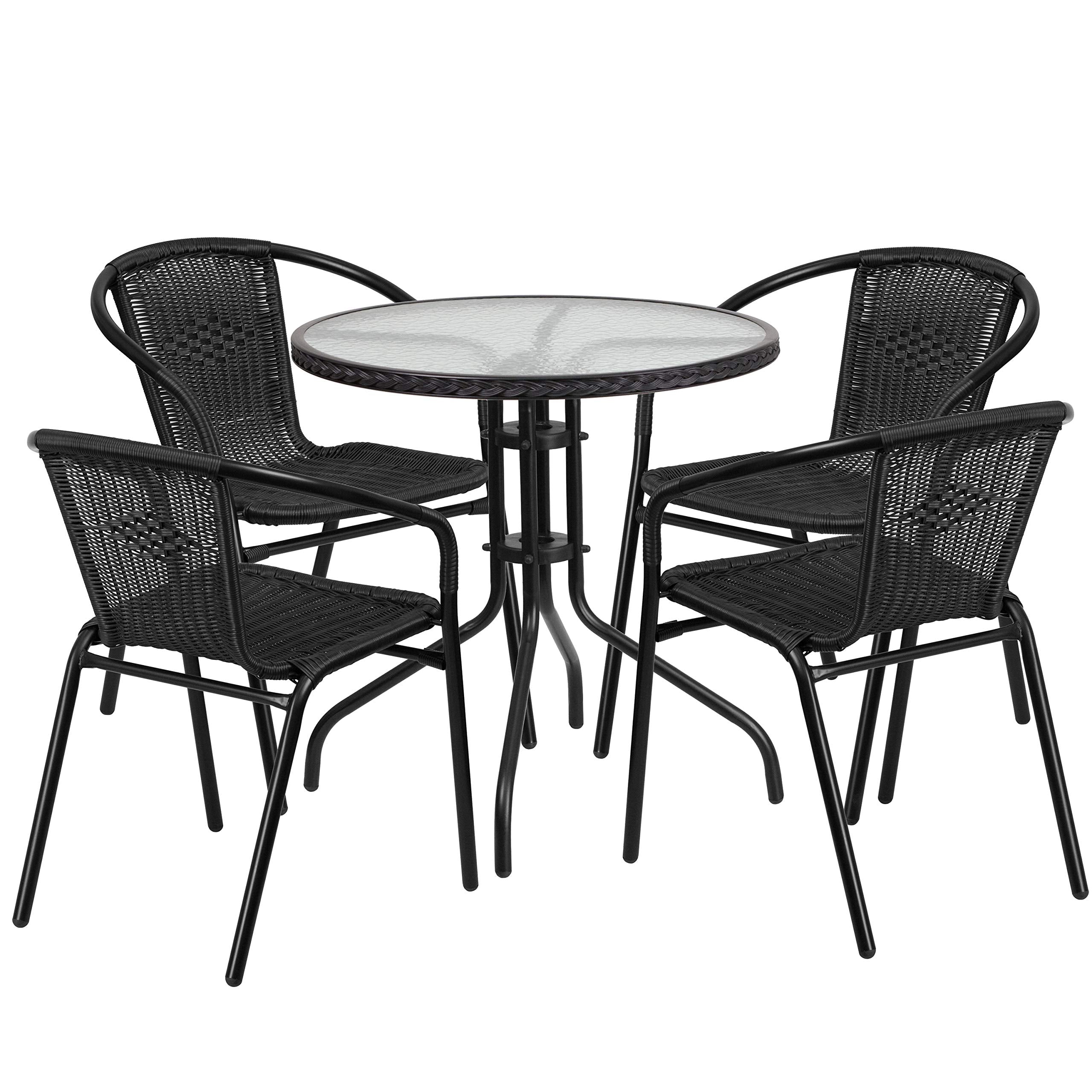 Flash Furniture Lila 28'' Round Glass Metal Table With Black Rattan Edging And 4 Black Rattan Stack Chairs